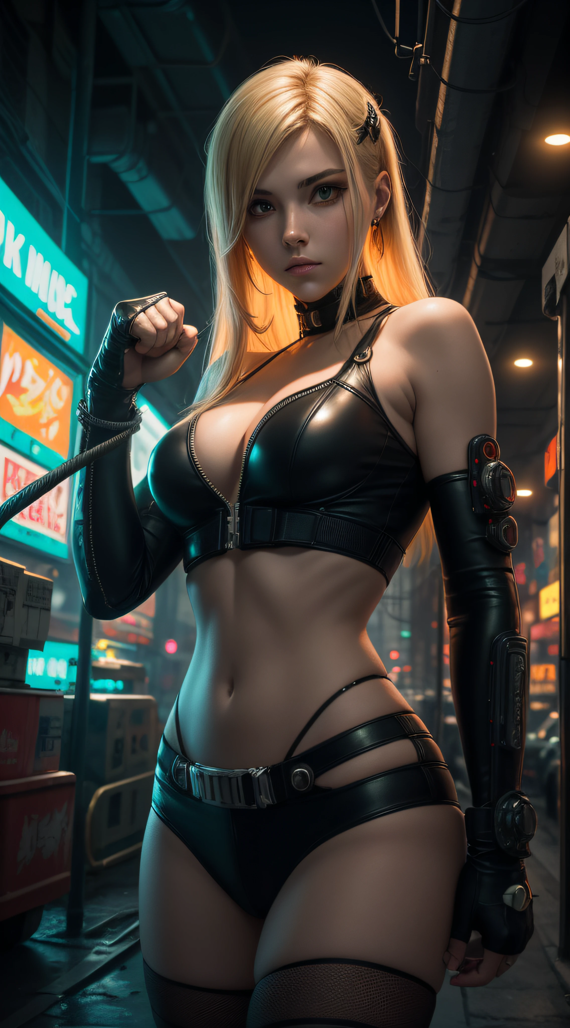 (extremadamente detallado, obra maestra, La mejor calidad), intense illumination, mujer joven rubia dentro de exoesqueleto cyberpunk. luces de neon, cables, entorno industrial. armamento pesado, Giant fists. Luz de caravaggio.