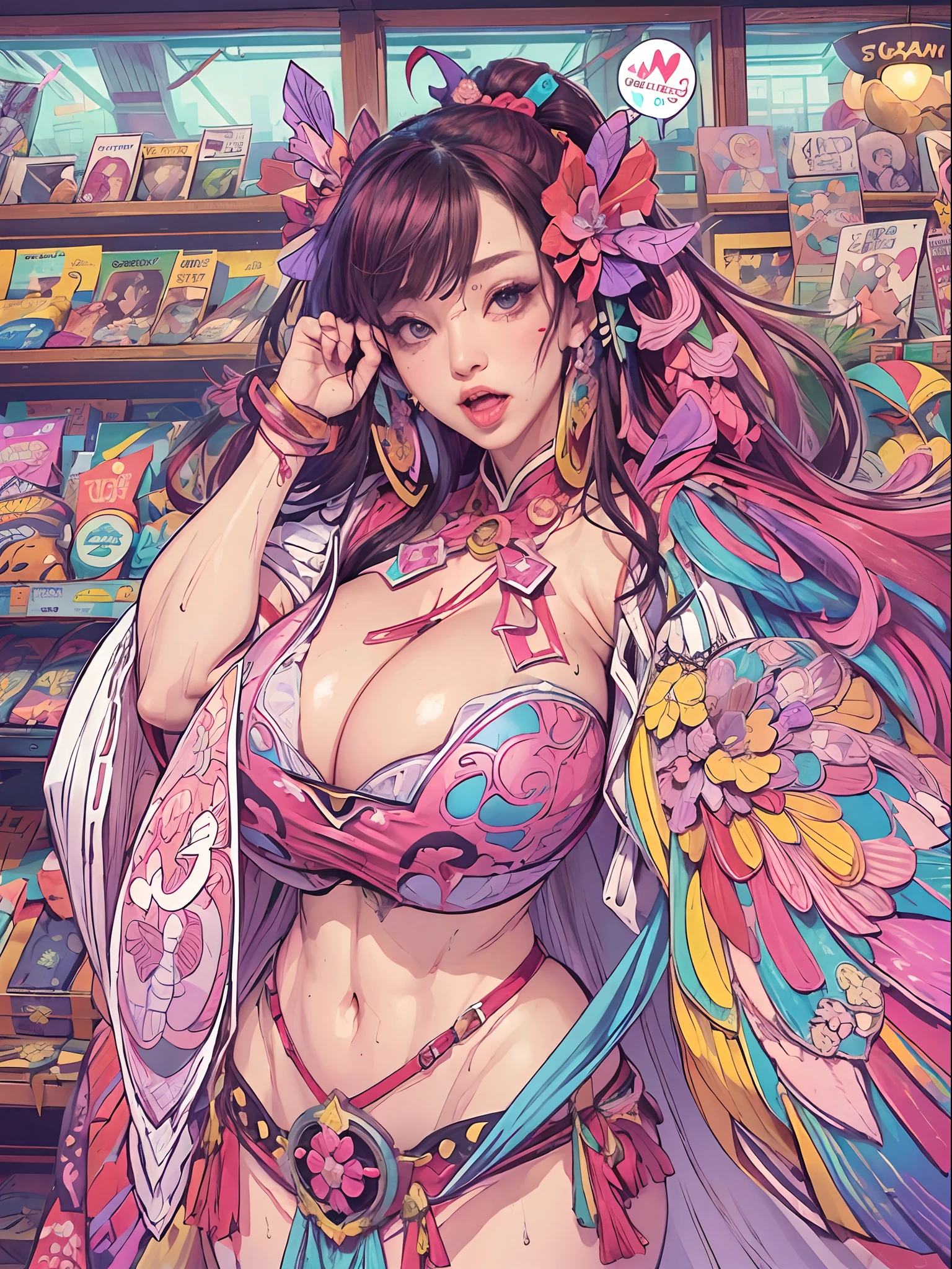 (((vulgarity promiscuous woman shop))),(super huge gigantic breast:1.4),Rainbow-coloured samurai woman