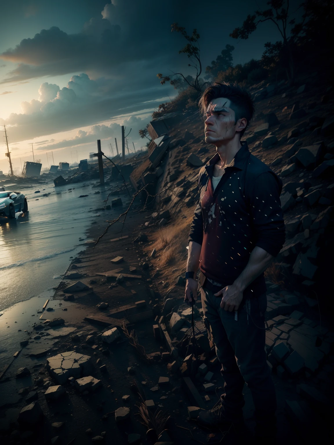 A moment of suffering, Broken, 8k, broken background, sad face, 8k, ultra realistic,