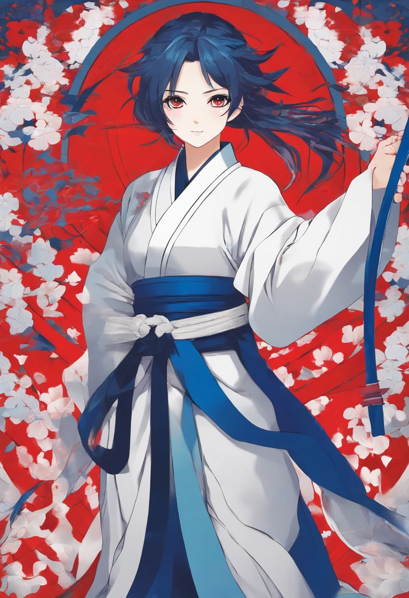 Mulher, Cabelos Loiros e Vermelhos, Com uma Espada,  Roupas inpiradas no anime "Kimetsu no Yaiba", haori Branco Vermelho e Azul. folded arms, looking-into-camera, Brava, Alegre, Chateada.