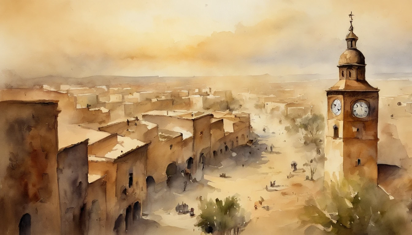 A sandstorm breaks out in the city、There is a clock tower in the center、Composition looking down from overhead、Watercolor Touch