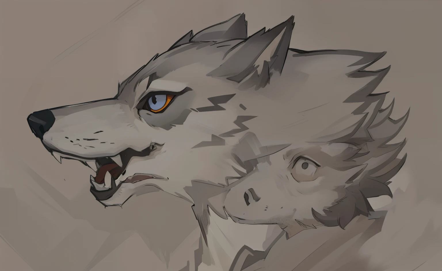 desenho de um lobo com um olho vermelho e um fundo branco, antro cara de lobo, an anthropomorphic wolf, anthropomorphic wolf, lobo hiper detalhado - como o rosto, Detailed jaw and eyes, um lobo antro, dire wolf, anthropomorphic wolf male, and what rough beast, Rosnando, detalhado, but rough, olhar intimidador