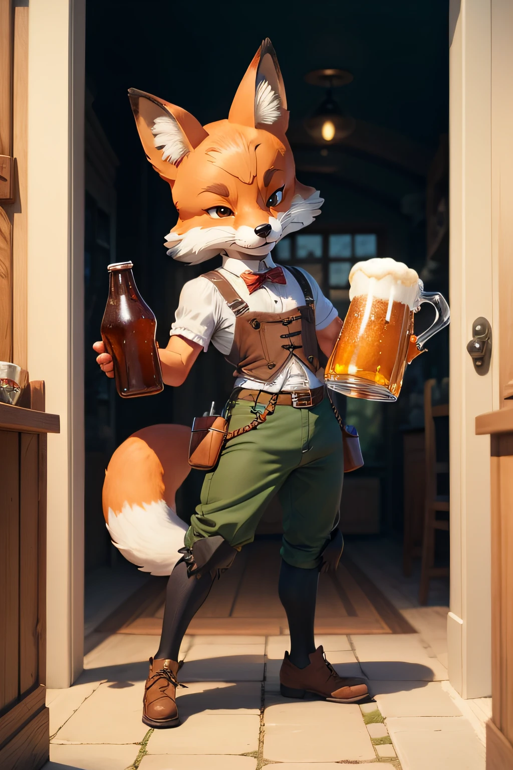 a male cartoon fox holding beer steins wearing lederhosen