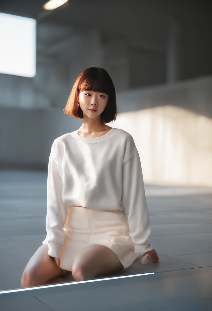 ((of the highest quality, 8K,Raw photo)), (Realistic, Photorealistic: 1.37), (Face Focus: 1.1), Small breasts, flat chest, Short hair, A Japanese Lady、20yr old、Japan idol system、(white sweatshirt: 1.1)、Skirt, Sitting, Arms up, From below, Sunlight, Movie Lighting,