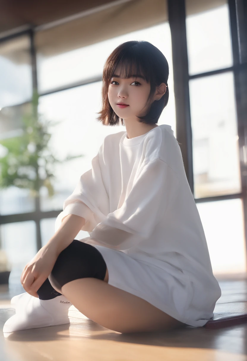 ((of the highest quality, 8K,Raw photo)), (Realistic, Photorealistic: 1.37), (Face Focus: 1.1), Small breasts, flat chest, Short hair, A Japanese Lady、20yr old、Japan idol system、(white sweatshirt: 1.1)、Skirt, Sitting, Arms up, From below, Sunlight, Movie Lighting,
