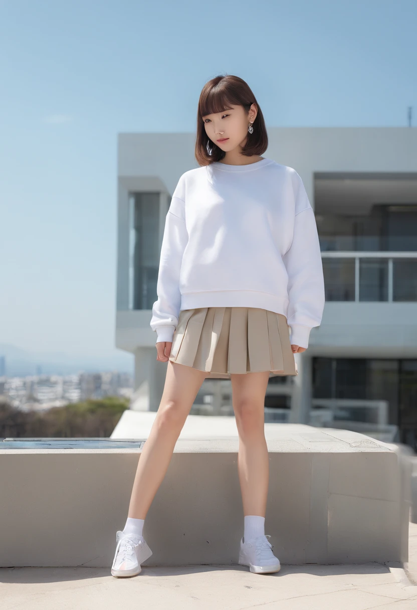 ((of the highest quality, 8K,Raw photo)), (Realistic, Photorealistic: 1.37), (Face Focus: 1.1), Small breasts, flat chest, Short hair, A Japanese Lady、20yr old、Japan idol system、(white sweatshirt: 1.1)、Skirt, Sitting, Arms up, From below, Sunlight, Movie Lighting,