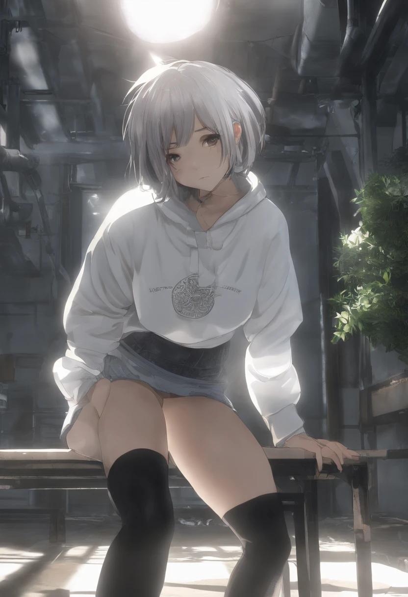 ((of the highest quality, 8K,Raw photo)), (Realistic, Photorealistic: 1.37), (Face Focus: 1.1), a smile、Small breasts, flat chest, Short hair, A Japanese Lady、20yr old、Japan idol system、(white sweatshirt: 1.1)、Skirt, Sitting, Arms up, From below, Sunlight, Movie Lighting,