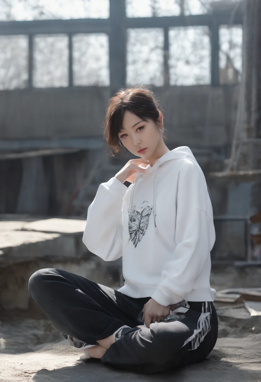 ((of the highest quality, 8K,Raw photo)), (Realistic, Photorealistic: 1.37), (Face Focus: 1.1), a smile、Small breasts, flat chest, Short hair, A Japanese Lady、20yr old、Japan idol system、(white sweatshirt: 1.1)、Skirt, Sitting, Arms up, From below, Sunlight, Movie Lighting,