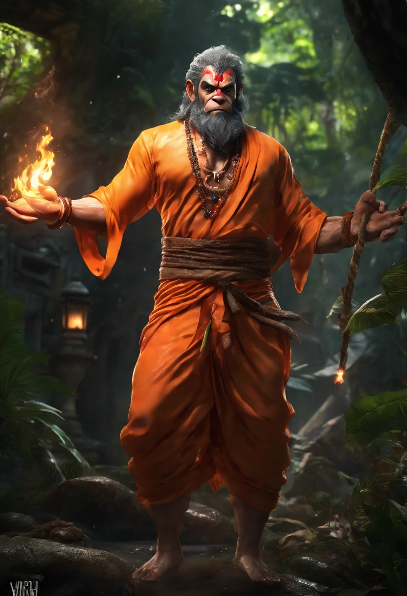 LORD HANUMAN ,a 35 years old man who has a face of a monkey, has a long tail as a monkey, proper eyes, proper hands, proper legs, An Indian god, Lord Hanuman, face of a monkey , moderate stature, has a big tail, Fire on the background, strongly built, broad-chested, narrow-waisted, and long-armed, one hand straight and one hand on side, big dager in his hand, in a dark forest (Professional 3D rendering:1.3) by (Realistic:1.3) World's most beautiful art picture, Features soft, dark complexation male heroes , hindu god, indian god, ((Epic hindu god , lord Hanuman, fantasy rough muscular man wet hero angry look long hair long slightly white beard and fierce expression in dynamic pose, wearing a orange robe, inside a jungle, burning lights in the background, majestic environment)), full body 8k unit render, action shot, skin pores, very dark lighting, heavy shading, detailed, Detailed face, (vibrant, photorealistic, Realistic , Dramatic, Dark, sharp focus, 8k), (orange cloths with heavy jewelry r:1.4), (intricate:1.4), decayed, (highly detailed:1.4), painting digital, rendering by octane, art stations, Concept-Art, smooth, sharp focus, illustration, germ of art, (Loish:0.23), Wlop Ilya Kuvshinov, and Greg Rutkowski and Alphonse Mucha Gracias, (global illumination, studiolight, Light Volumetric ), heavy rain, floating particles, scoundrel, fantasy, Eleven, full bodyesbian, ((Dark jungle background:1.3)),CGSesociedade,art stations