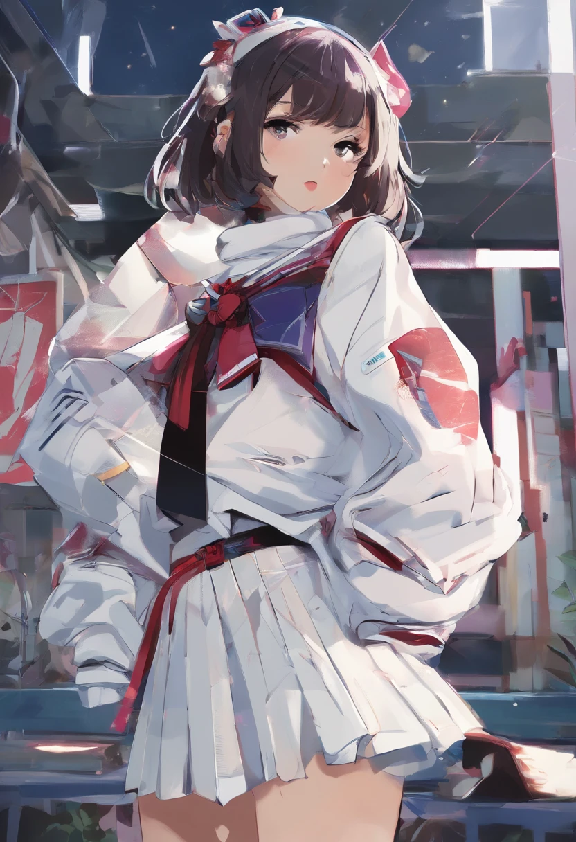 ((of the highest quality, 8K,Raw photo)), (Realistic, Photorealistic: 1.37), (Face Focus: 1.1), Small breasts, flat chest, Short hair, A Japanese Lady、20yr old、Japan idol system、(white sweatshirt: 1.1)、Skirt, Sitting, Arms up, From below, Sunlight, Movie Lighting,