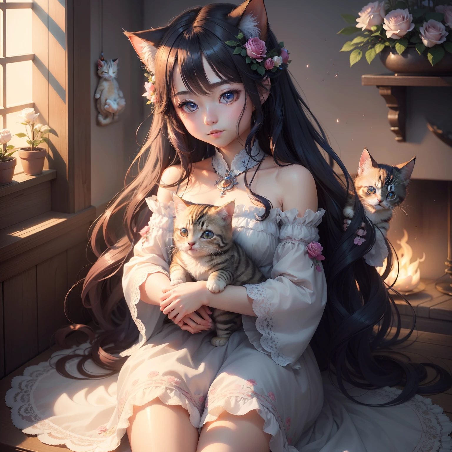 In this ultra-detailed CG art、Adorable kitten surrounded by ethereal roses、top-quality、hight resolution、intricate detailes、Fantasia、cute animal、Chibi character with long blue hair is also with。