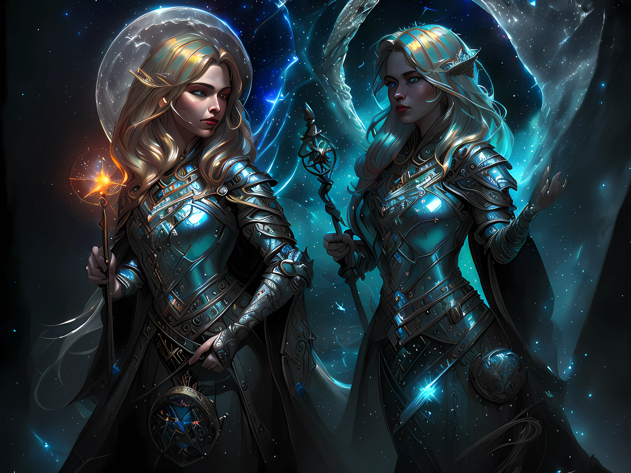magv1ll high details, best quality, 16k, absurdres [ultra detailed], masterpiece, best quality, (extremely detailed), dynamic angle, ultra wide shot, photorealistic, ((fantasy art)) ((larry elmore style)), dnd art, rpg art, realistic art, 1female human druid of the stars, Priestess of nature, controlling magical energy made of stars, swirling blue stary magical light, divine symbols (1.5 intricate details, Masterpiece, best quality, absurdres), 1human female,  extremally beautiful, ultra feminine, dynamic hair, dynamic hair color, wearing leather armor, holding a staff, moon light, stars, dynamic natural background,  RPG art, magical atmosphere magic-fantasy-forest, ultra best realistic, best details, best quality, absurdres, 16k, [ultra detailed], masterpiece, best quality, (extremely detailed), ultra wide shot, photorealism, depth of field, hyper realistic painting, 3D rendering