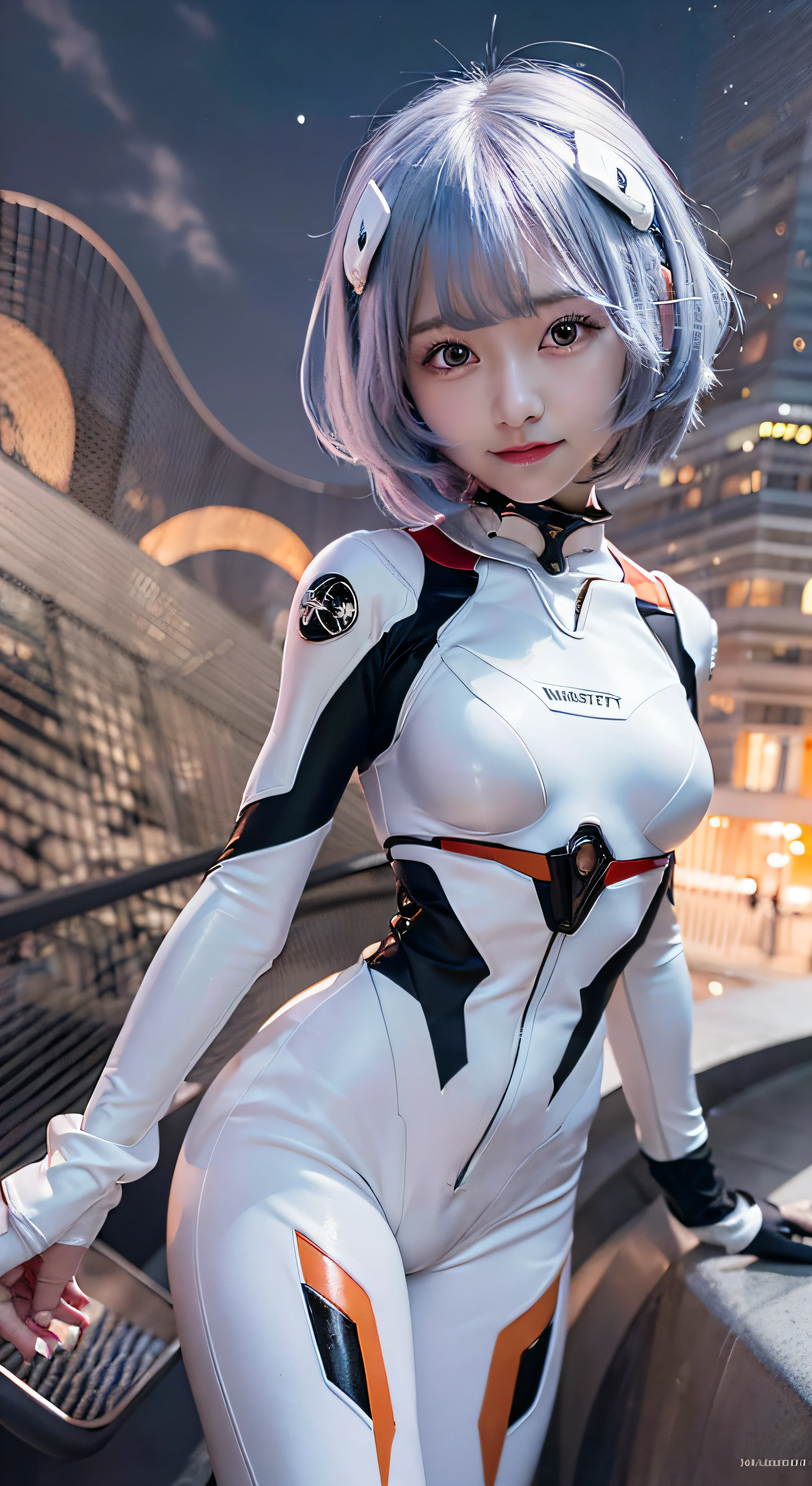 ((masuter piece)),top-quality, illustratio, beatiful detailed eyes, beautiful detailed hair, Floating hair, 1girl in, Ayanami, shorth hair, s Armor, deadpan, skiny, 独奏, turtle neck, body suit, mechs, 城市, a park,、A smile