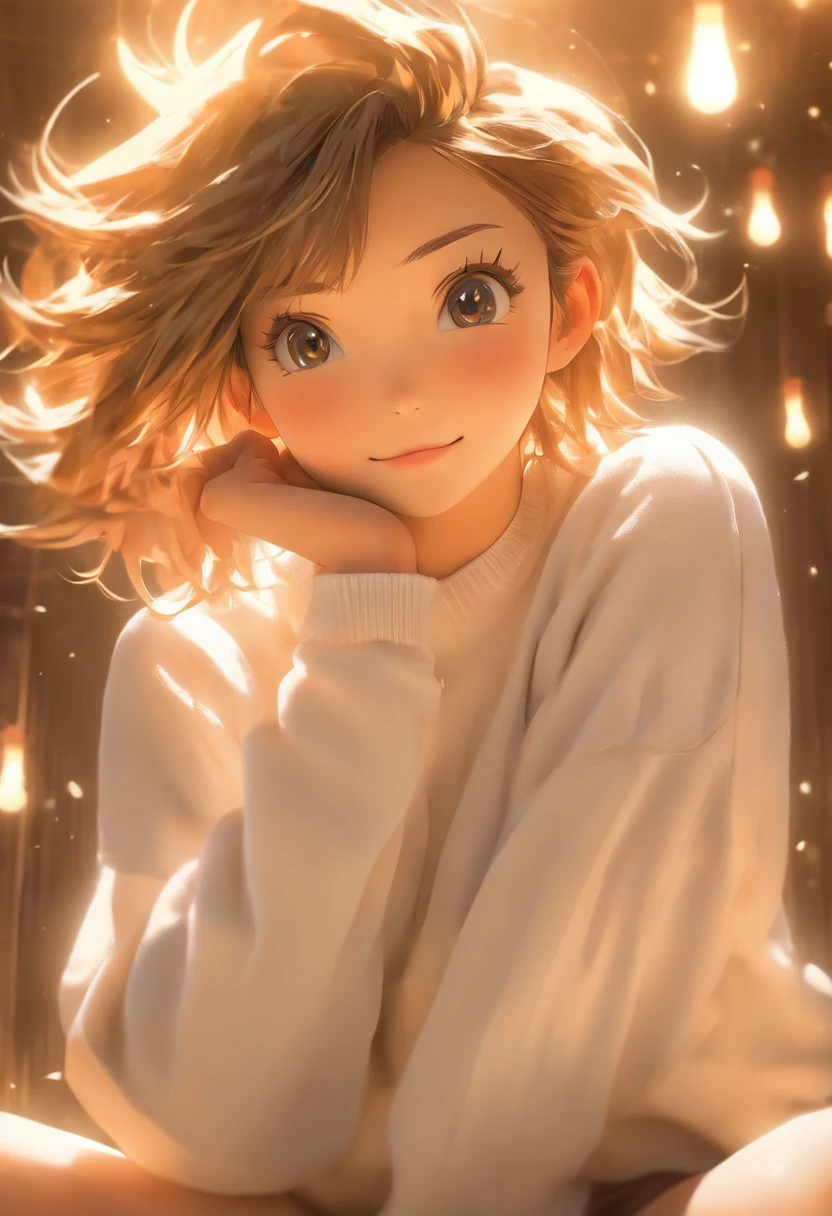 ((of the highest quality, 8K,Raw photo)), (Realistic, Photorealistic: 1.37), (Face Focus: 1.1), Small breasts, flat chest, Short hair, A Japanese Lady、20yr old、Japan idol system、(white sweatshirt: 1.1)、Skirt, Sitting, Arms up, From below, Sunlight, Movie Lighting,
