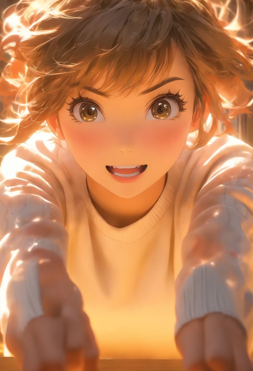 ((of the highest quality, 8K,Raw photo)), (Realistic, Photorealistic: 1.37), (Face Focus: 1.1), Small breasts, flat chest, Short hair, A Japanese Lady、20yr old、Japan idol system、(white sweatshirt: 1.1)、Skirt, Sitting, Arms up, From below, Sunlight, Movie Lighting,