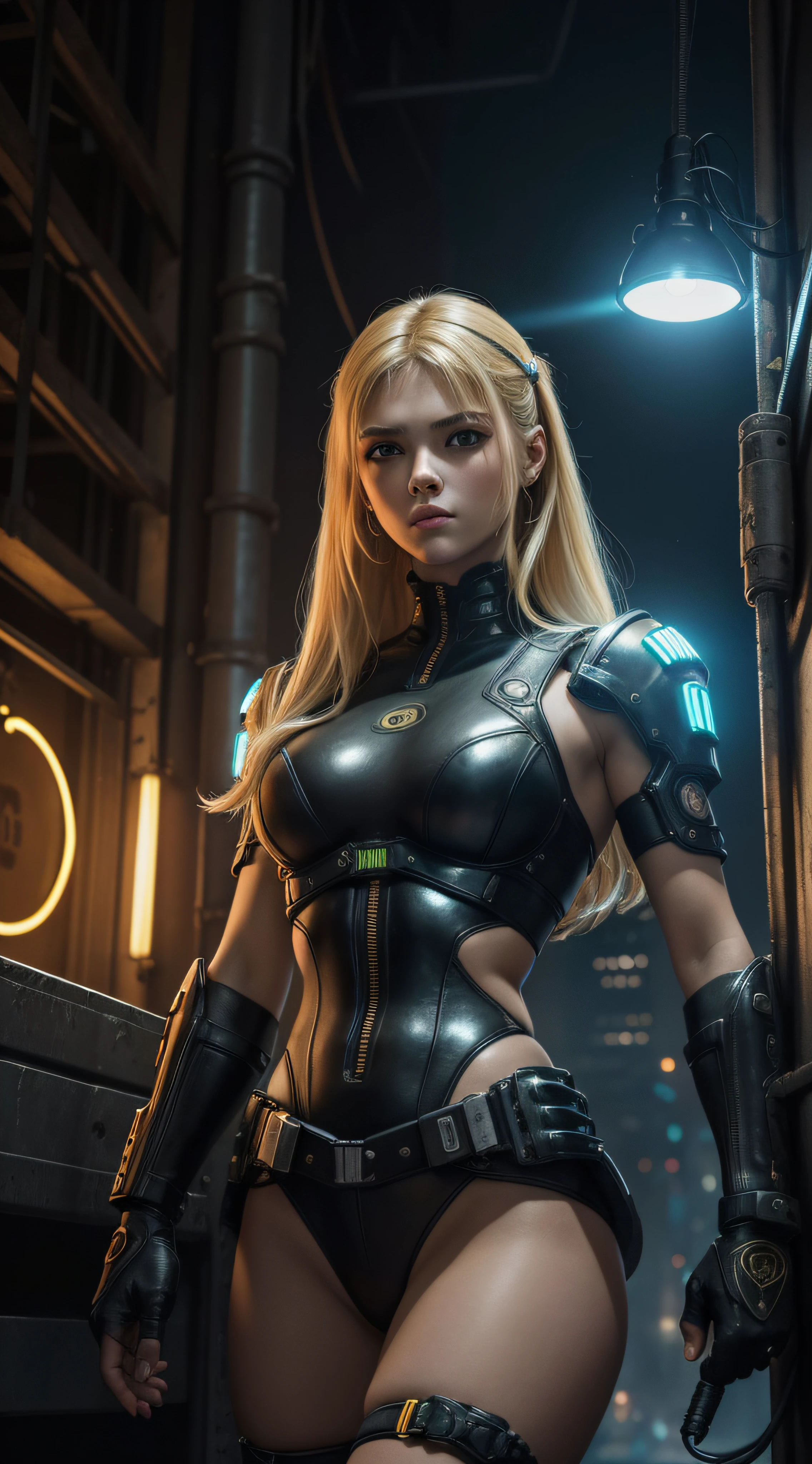 (extremadamente detallado, obra maestra, La mejor calidad), intense illumination, mujer joven rubia dentro de exoesqueleto cyberpunk. luces de neon, cables, entorno industrial. armamento pesado, Giant fists. Luz de caravaggio.