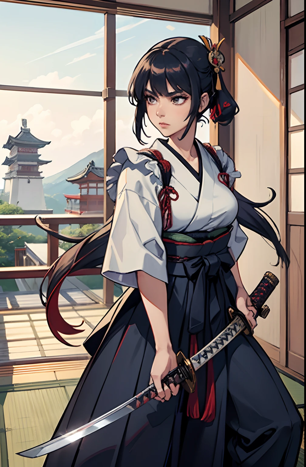 a woman in a dress holding a sword in a room, she is holding a katana sword, wearing hakama, japanese live-action movie, intricate hakama, still from a live action movie, scene from live action movie, hakama kimono, katanas strapped to her back, dramatic wielding katana pose, japanese school uniform, tsubasa nakai's style