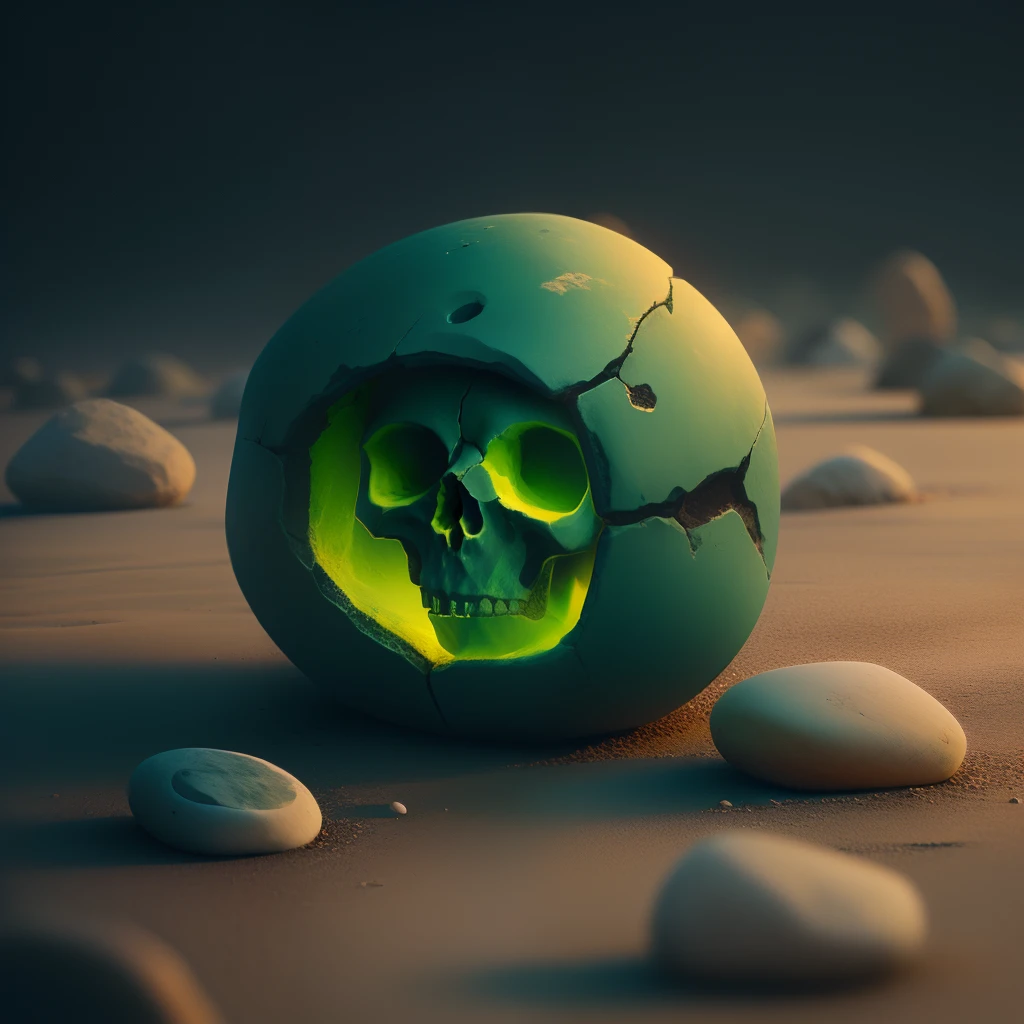 A pebble shaped like a skull and green in color