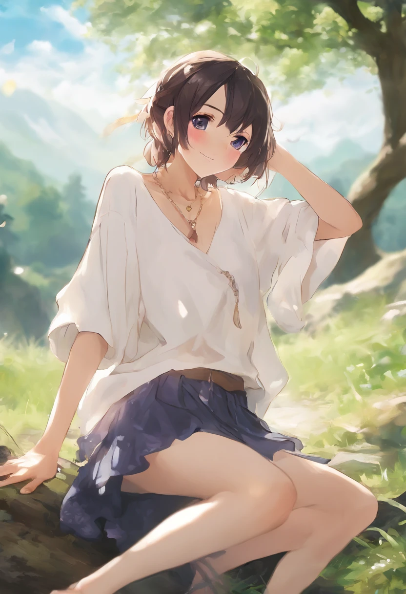 ((of the highest quality, 8K,Raw photo)), (Realistic, Photorealistic: 1.37), (Face Focus: 1.1), Small breasts, flat chest, Short hair, A Japanese Lady、20yr old、Japan idol system、(white sweatshirt: 1.1)、Skirt, Sitting, Arms up, From below, Sunlight, Movie Lighting,