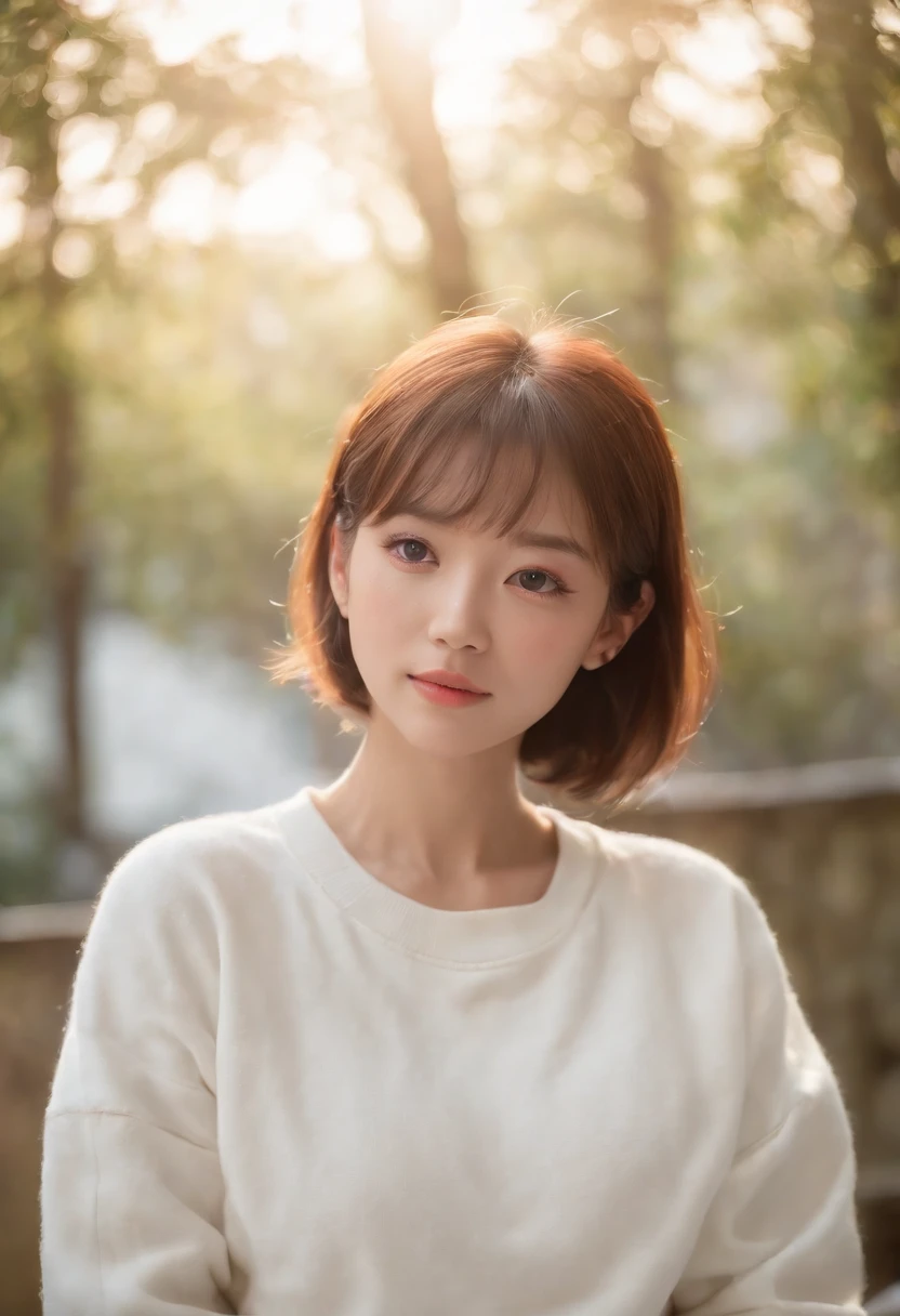 ((of the highest quality, 8K,Raw photo)), (Realistic, Photorealistic: 1.37), (Face Focus: 1.1), Small breasts, flat chest, Short hair, A Japanese Lady、20yr old、Japan idol system、(white sweatshirt: 1.1)、Skirt, Sitting, Arms up, From below, Sunlight, Movie Lighting,