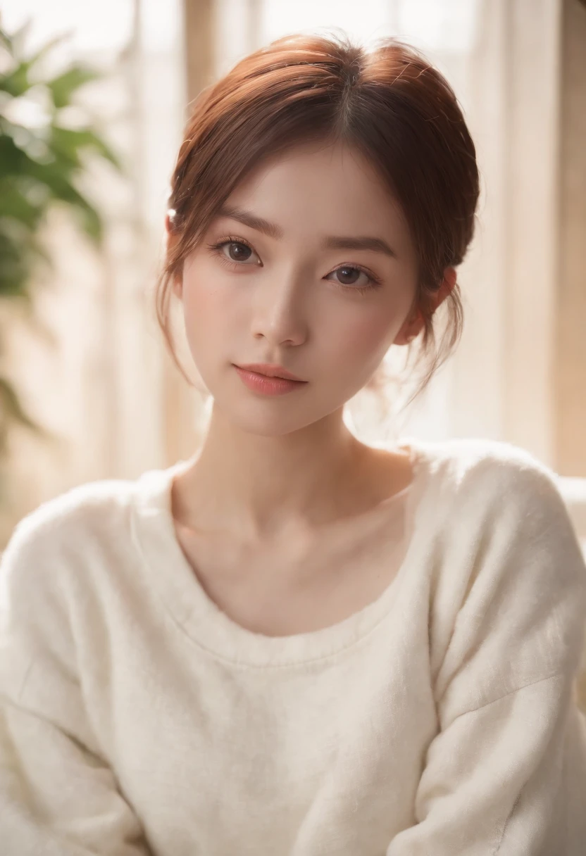 ((of the highest quality, 8K,Raw photo)), (Realistic, Photorealistic: 1.37), (Face Focus: 1.1), Small breasts, flat chest, Short hair, A Japanese Lady、20yr old、Japan idol system、(white sweatshirt: 1.1)、Skirt, Sitting, Arms up, From below, Sunlight, Movie Lighting,
