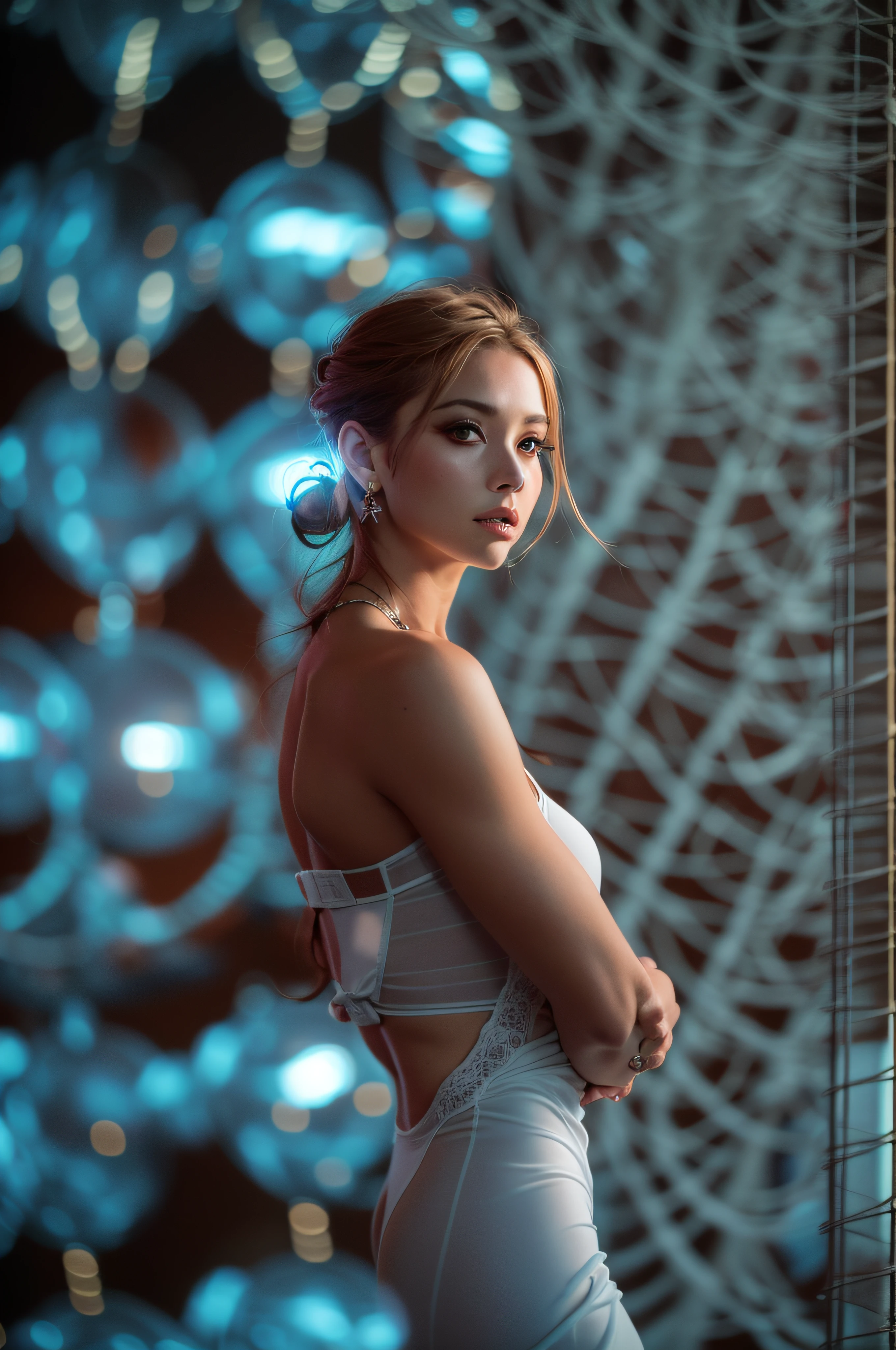 8k, Masterpiece, Photo brute, beste-Qualit, Fotorealistik, red-haired, highly detailed CG Unity 8k wallpaper, profondeur de champ, cinematic light, Flaresi de lentille, Ray Tracing, (An extremely beautiful face, lovely lips, beaux yeux), Face with intricate details, (ultra-detailed skin), 1 fille, Sombre, dans les ombres profondes, Belle fille ukrainienne, Ukrainian model, 1 homme, (A very fit and muscular body:1.3), (Regarder le public), (UN GRAND LOOK TENACE:1.3), (Sans manches), (Fashion City by Night, Nuit noire, neon signs, blurred background), Fashionable street party, (with no people in the back:1.3), Beautiful earrings, Bracelets, collier, collants, yeux clairs, marche, (pale skinned), (Grands yeux), Face forward, (Tir sur le haut du corps), (une robe de couleur soie:1.3), (cheveux blonds), (Une robe moulante et en dentelle), (transparent), (Regarder le public:1.3) poitrine ouverte, mince, seins de grande taille, Ne tournez pas le dos, (Rear shot), transparent, Fesses de taille moyenne, dans un club