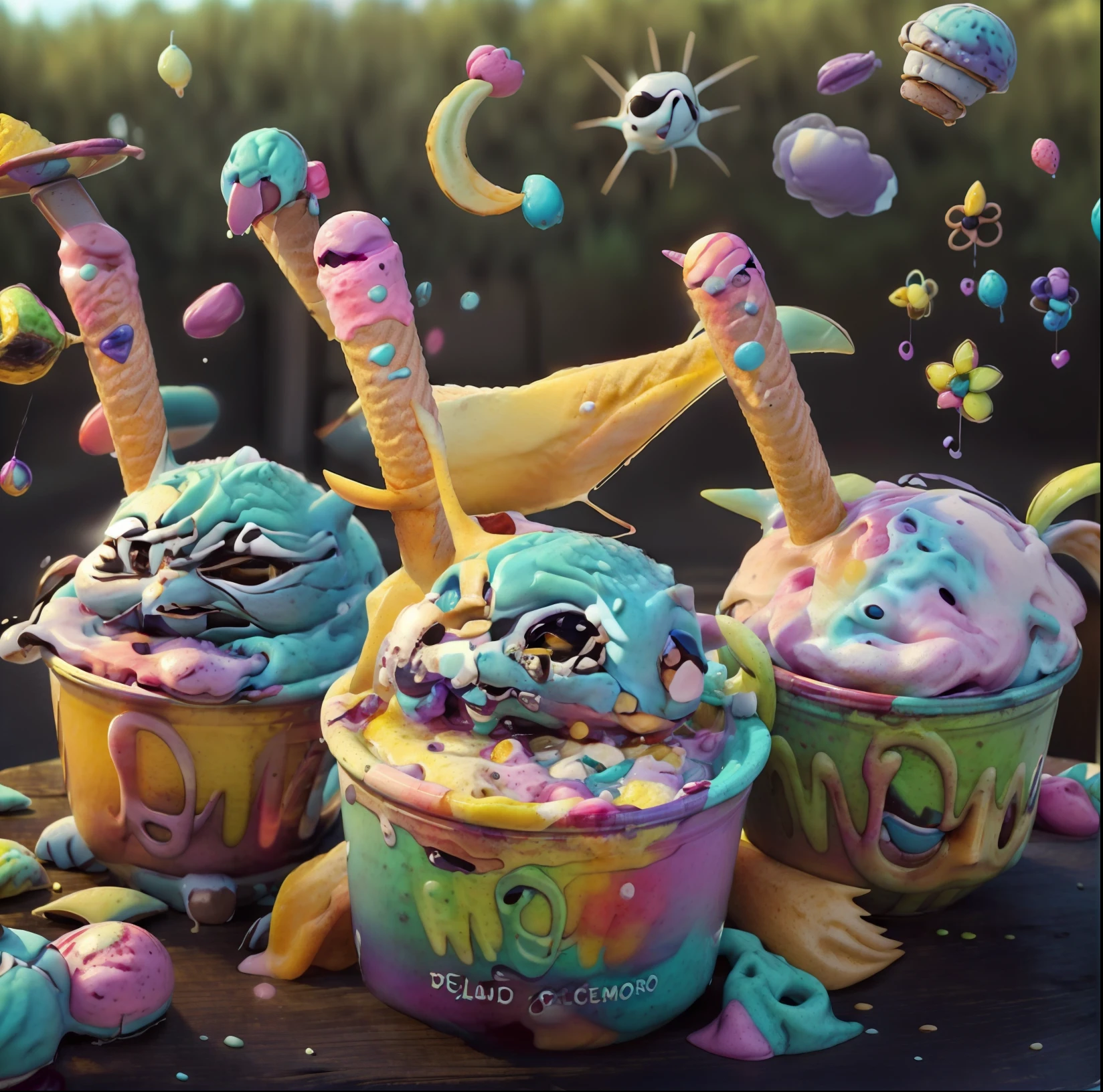 three cups of ice cream with different toppings on a table, 🐿🍸🍋, mooniq awl, muco, uau, montanhas de sorvete, 🤬 🤮 💕 🎀, delicioso, by Gina Pellón, miau, muito uau, uau!, 🍸🍋, Mouthwatering, 🚀🌈🤩, by Amelia Peláez