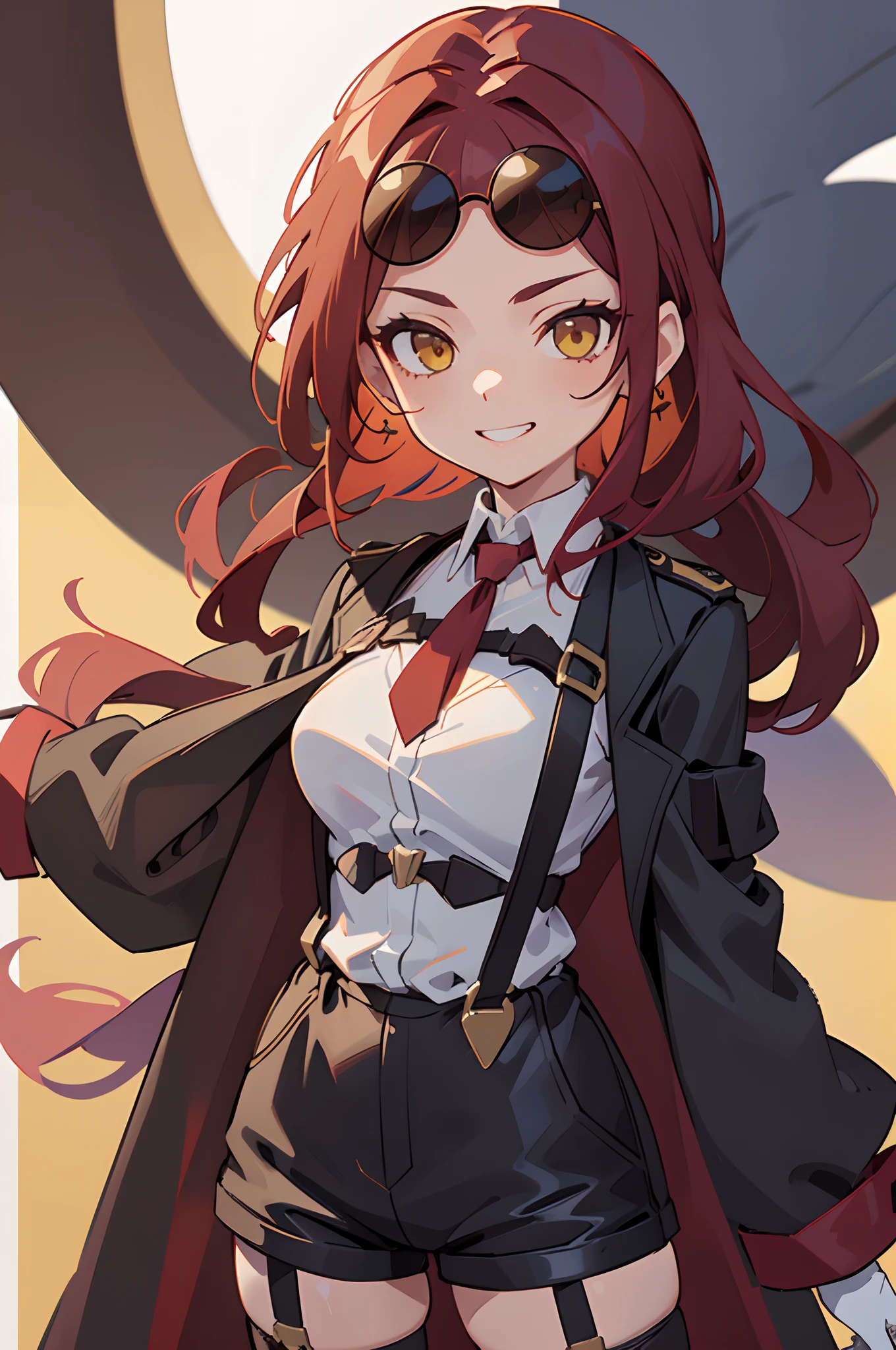 1girl, young woman, solo, long hair, big hair, (forehead:1.13), (round sunglasses:1.2), yellow eyes, scarlet red hair, medium breasts, grin, (overcoat, black coat, open coat:1.2), white shirt, collared shirt, (chest harness, shoulder strap:1.15), black leather shorts, garter belt, gloves, elegant, arms behind back, looking at viewer, standing, (close-up:1.3), face only, cowboy shot, masterpiece, best quality, 4k