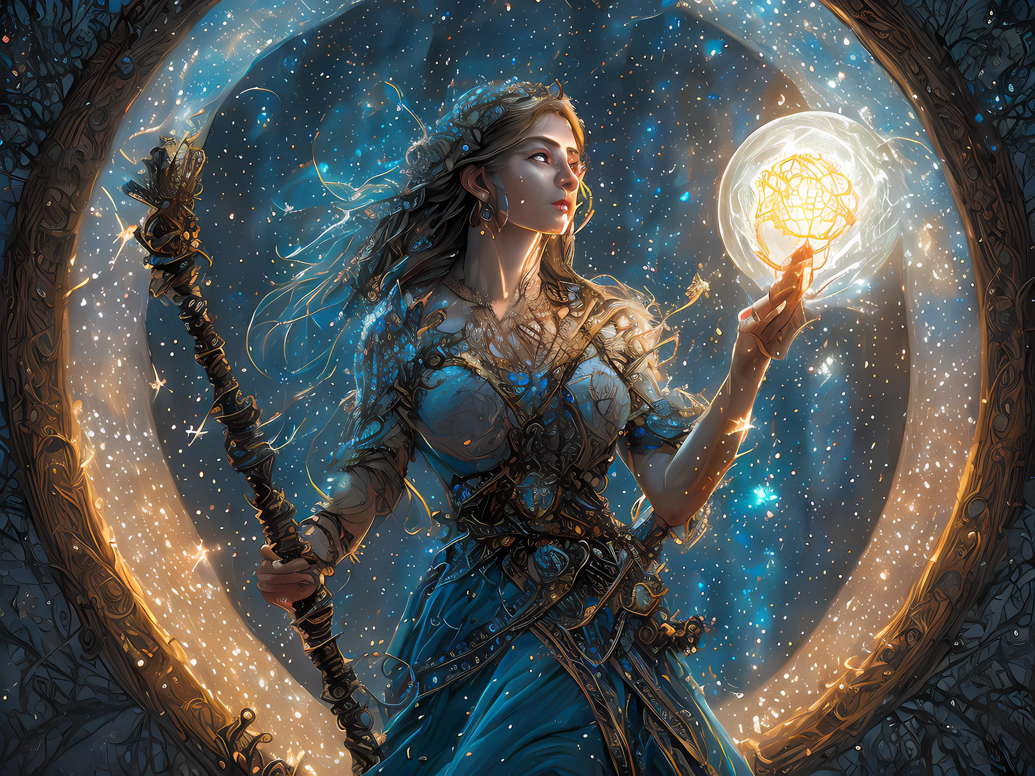 high details, best quality, 16k, absurdres [ultra detailed], masterpiece, best quality, (extremely detailed), dynamic angle, ultra wide shot, photorealistic, ((fantasy art)) ((larry elmore style)), dnd art, rpg art, realistic art, 1female human druid of the stars, priestess of nature, controlling magical energy made of stars, swirling blue stary magical light, divine symbols (1.5 intricate details, Masterpiece, best quality, absurdres), 1human female,  extremally beautiful, ultra feminine, dynamic hair, dynamic hair color, wearing leather armor, holding a staff, moon light, stars, dynamic natural background,  RPG art, magical atmosphere magic-fantasy-forest, ultra best realistic, best details, best quality, absurdres, 16k, [ultra detailed], masterpiece, best quality, (extremely detailed), ultra wide shot, photorealism, depth of field, hyper realistic painting, 3D rendering