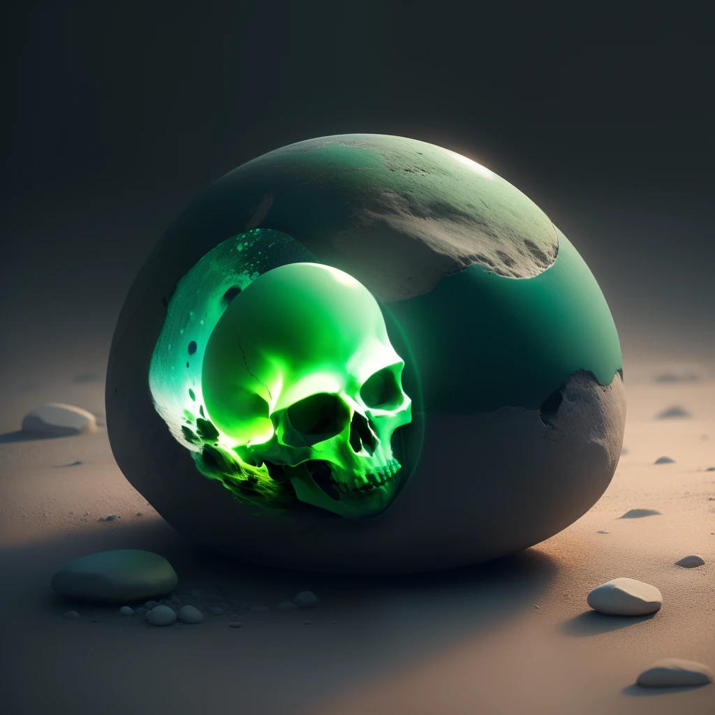A pebble shaped like a skull and green in color