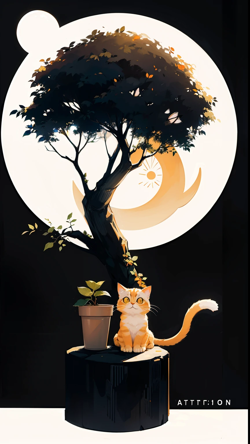 a cat sitting, minimalistic, simple, animal, cute, cat, fur, orange, contrast, gorgeous, artisitc , full moon, tree,