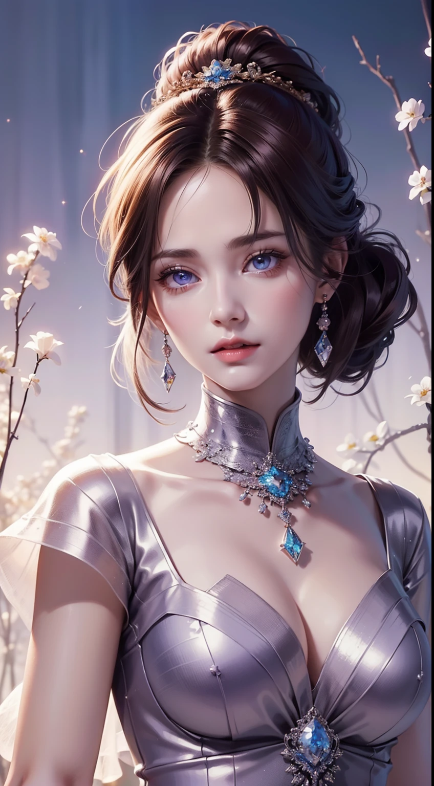 tmasterpiece,Highest high resolution,((themoon)),Dynamic bust of a beautiful aristocratic maiden,elegantly coiled brown chestnut hair,Purple clear eyes,Hair is covered with beautiful and delicate floral craftsmanship, Crystal Jewelry Filigree,Ultra-detailed details,upscaled,The Earth Rises。