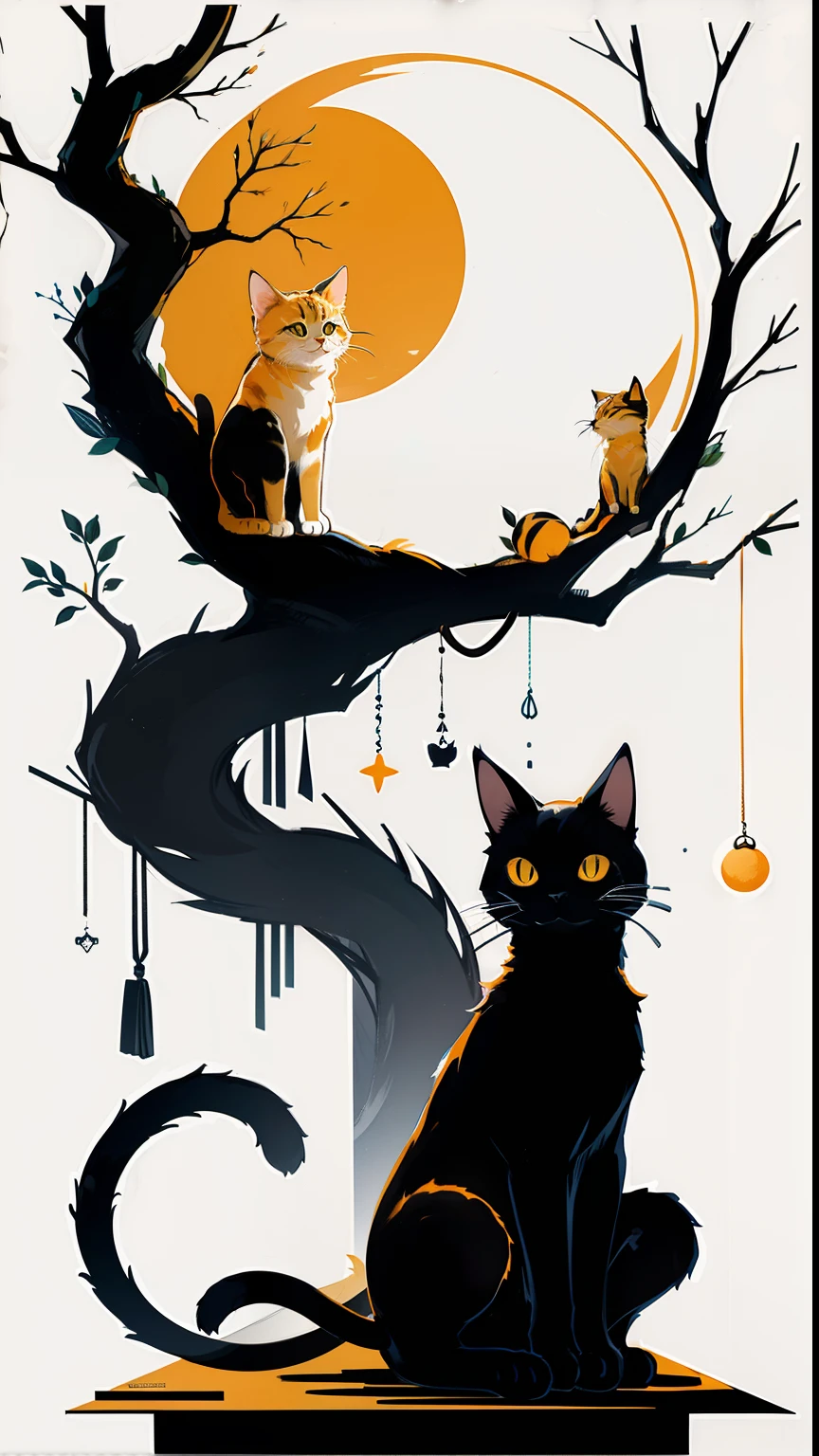 a cat sitting, minimalistic, simple, animal, cute, cat, fur, orange, contrast, gorgeous, artisitc , full moon, tree,