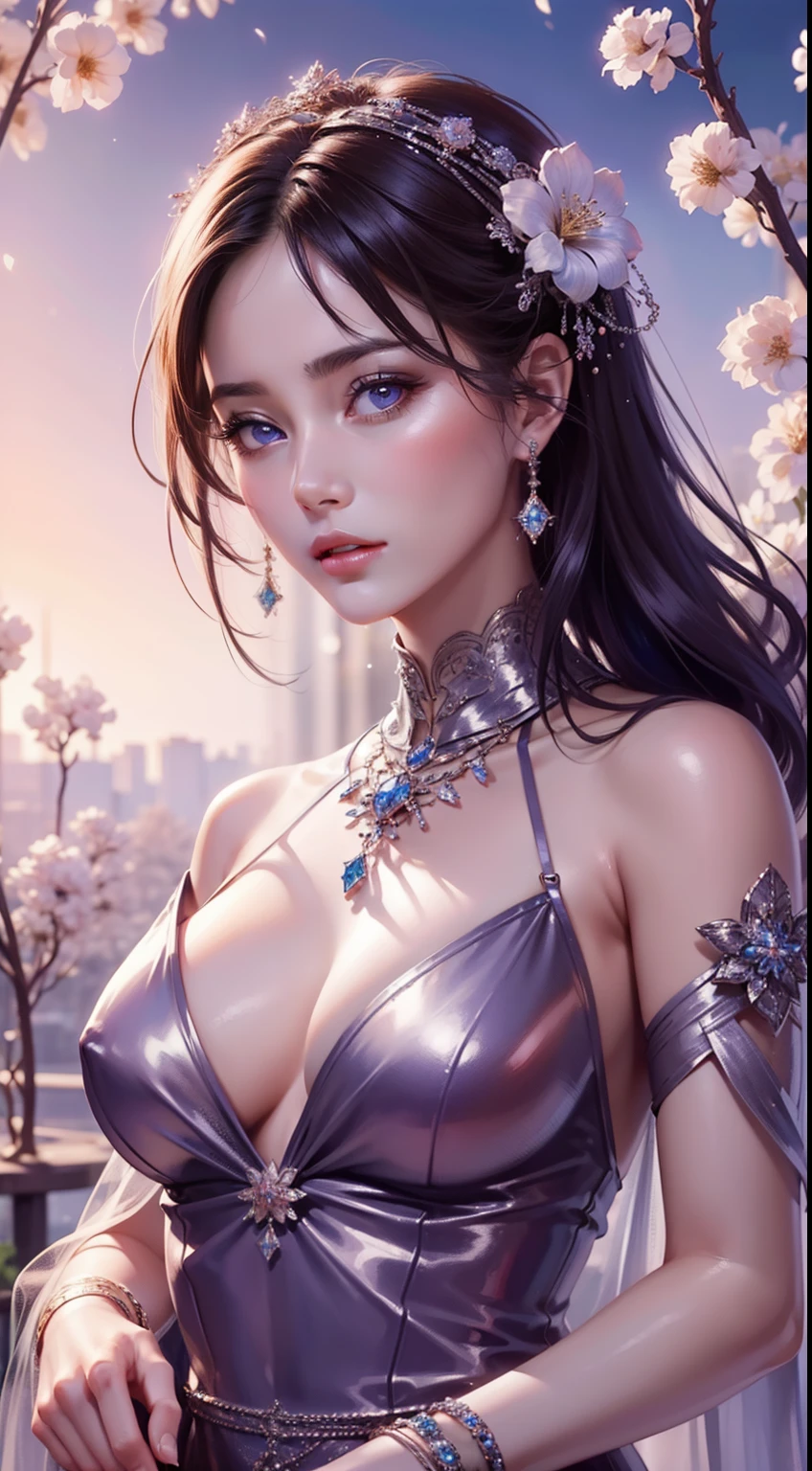 tmasterpiece，Highest high resolution，((themoon))，Dynamic bust of a beautiful aristocratic maiden，elegantly coiled brown chestnut hair，Purple clear eyes，Hair is covered with beautiful and delicate floral craftsmanship, Crystal Jewelry Filigree，Ultra-detailed details，upscaled，The Earth Rises。