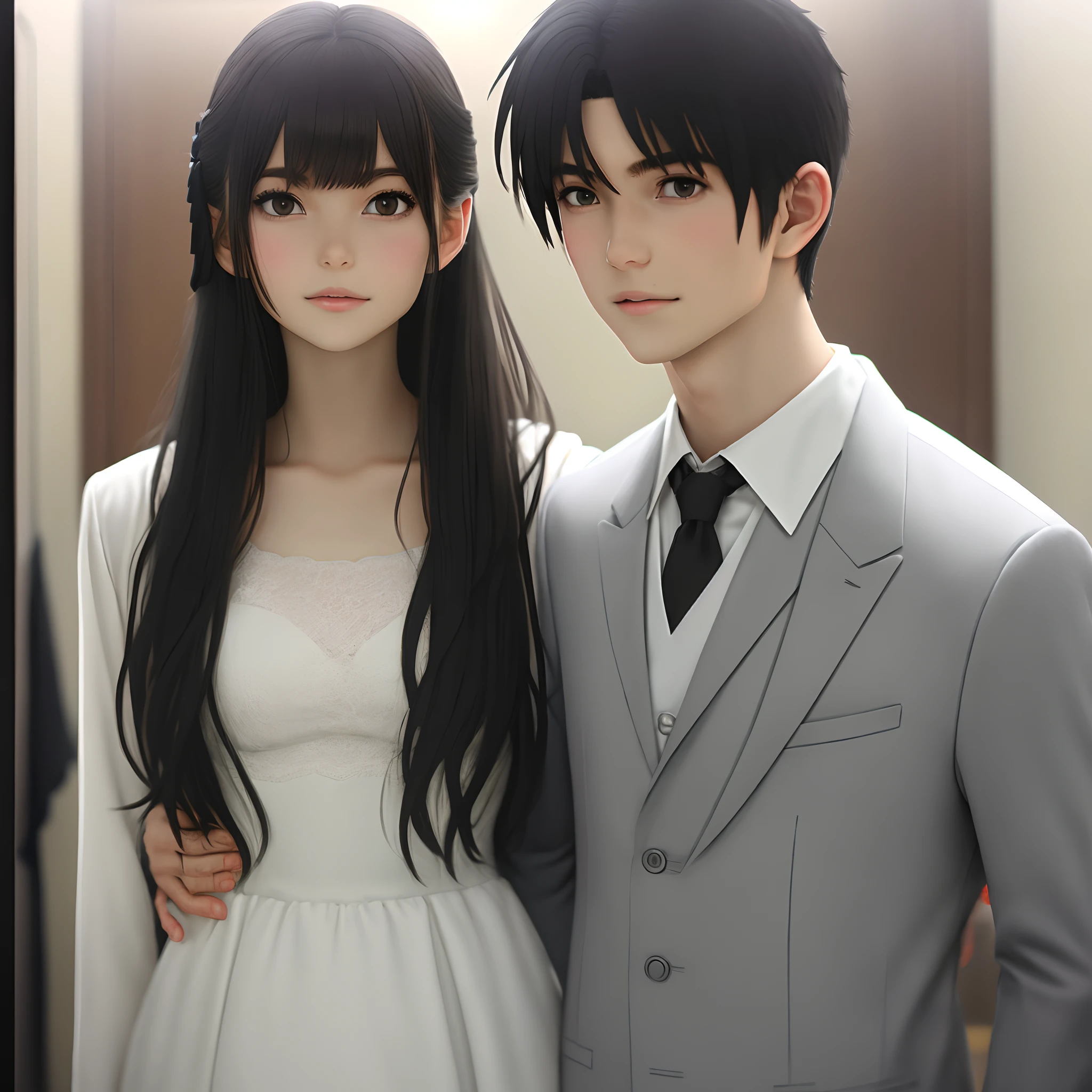 Highly detailed picture, girl 1, wearing a men's tuxedo, medium-sized chest, long black hair, anime Origairu, Yukinoshita Yukino, in a dressing room, holding a man in her arms