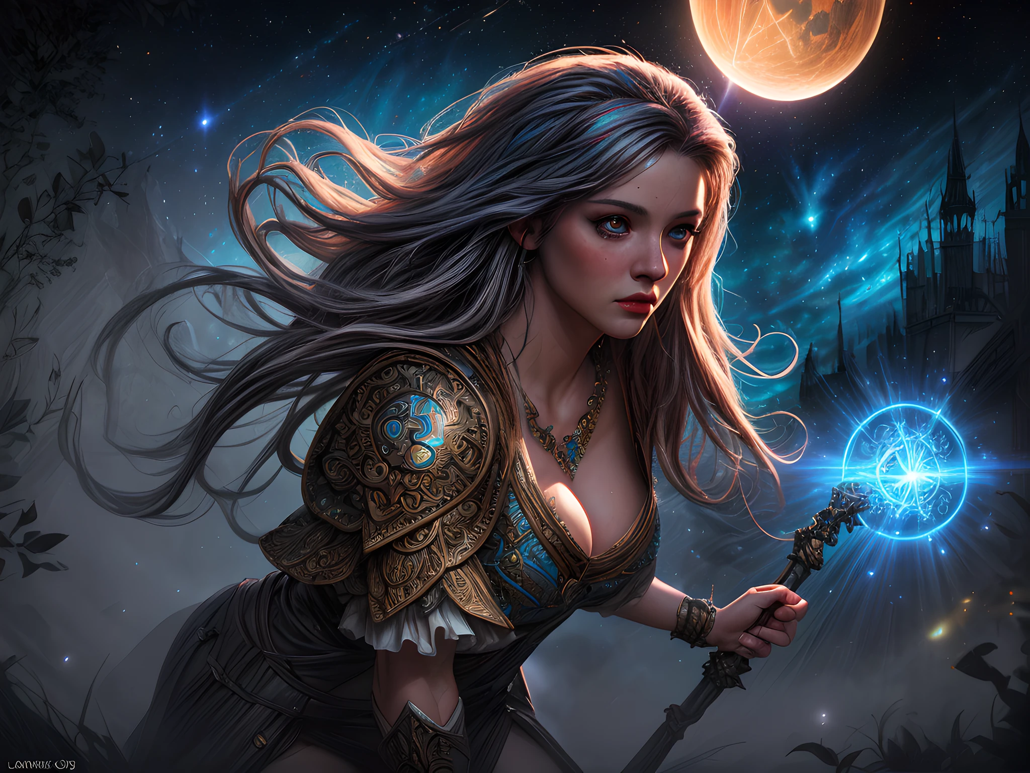 magv1ll high details, best quality, 16k, [ultra detailed], masterpiece, best quality, (extremely detailed), dynamic angle, ultra wide shot, photorealistic, ((fantasy art)) ((larry elmore style)), dnd art, rpg art, realistic art, female human druid of the stars, guardian of nature, controlling magical energy made of stars, swirling blue stary magical light, divine symbols (1.5 intricate details, Masterpiece, best quality), human female,  extremally beautiful, ultra feminine, dynamic hair, dynamic hair color, wearing leather armor, holding a staff, moon light, stars, dynamic natural background,  RPG art, magical atmosphere magic-fantasy-forest, ultra best realistic, best details, best quality, 16k, [ultra detailed], masterpiece, best quality, (extremely detailed), ultra wide shot, photorealism, depth of field, hyper realistic painting, 3D rendering