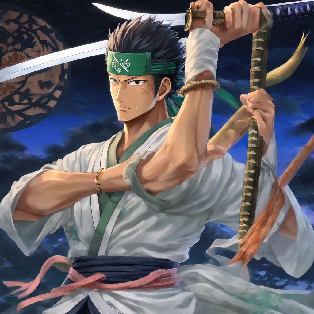 Roronoa zoro (Masterpiece, 4k resolution, ultra-realistic, Very detailed), (White Samurai Theme, charismatique, there is a swordsman next to a Japanese man "Isakaya" bar, wearing a blue kimono with cloud details on the "obi" piste, He is the commander of the Mugiwara Band's First Division., work "one piece"), [ ((19 ans), (cheveux verts courts:1.2), corps entier, (yeux bleus:1.2), ((Roronoa zoro's pose), show of strength, Unsheathing with one hand his katanas enma), ((Environnement rural japonais):0.8)| (Paysage rural, at dusk, dynamic lights), (Blinded sun)), 1 katana]. # Explication: Prompt mainly describes a 4k painting of very high definition, very realistic, Very detailed. It shows a swordsman, master of the Santoryu style of katanas, wearing a blue kimono with cloud details on his belt. The subject of the painting is a subject of a white swordsman, holding his black Katana Enma with one hand, Le protagoniste masculin a les cheveux verts courts, At 19 years old and his whole defined body is shown in painting, with the characteristics of the pumped endomorph.