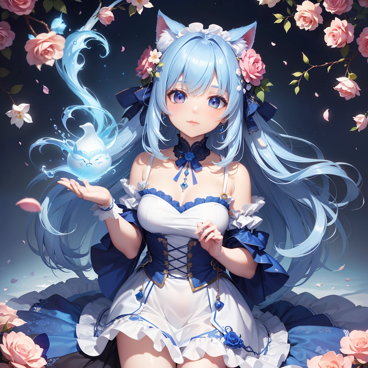 In this ultra-detailed CG art、Adorable kitten surrounded by ethereal roses、top-quality、hight resolution、intricate detailes、Fantasia、cute animal、There is also a chibi character with long blue hair。Cute white and blue costume。