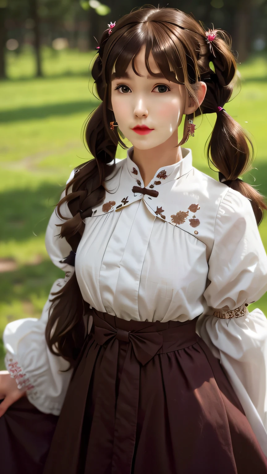 (best quality), (hyperrealistic), mh-yk, 1girl,  solo, brown hair, brown eyes, , long hair, chinese clothes, twintails, outdoor, hair rings, dress, jewelry, bangs