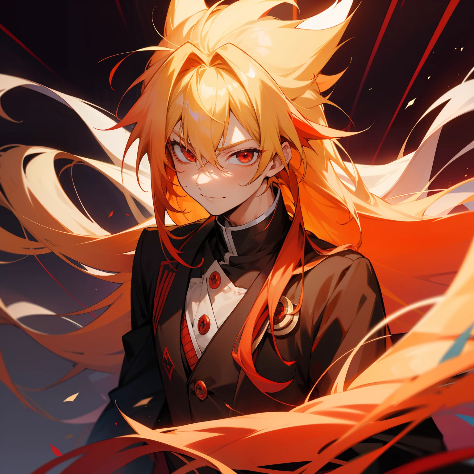 Kamitsu no Yiba, one boy, Kyogoro Rengoku, very long hair, spiked hair, blonde hair, multi-colored hair, two-colored hair, red hair, solo, one boy, male focus, serious and smiling face, school uniform, multi-colored eyes, Kajuran, red eyes, school