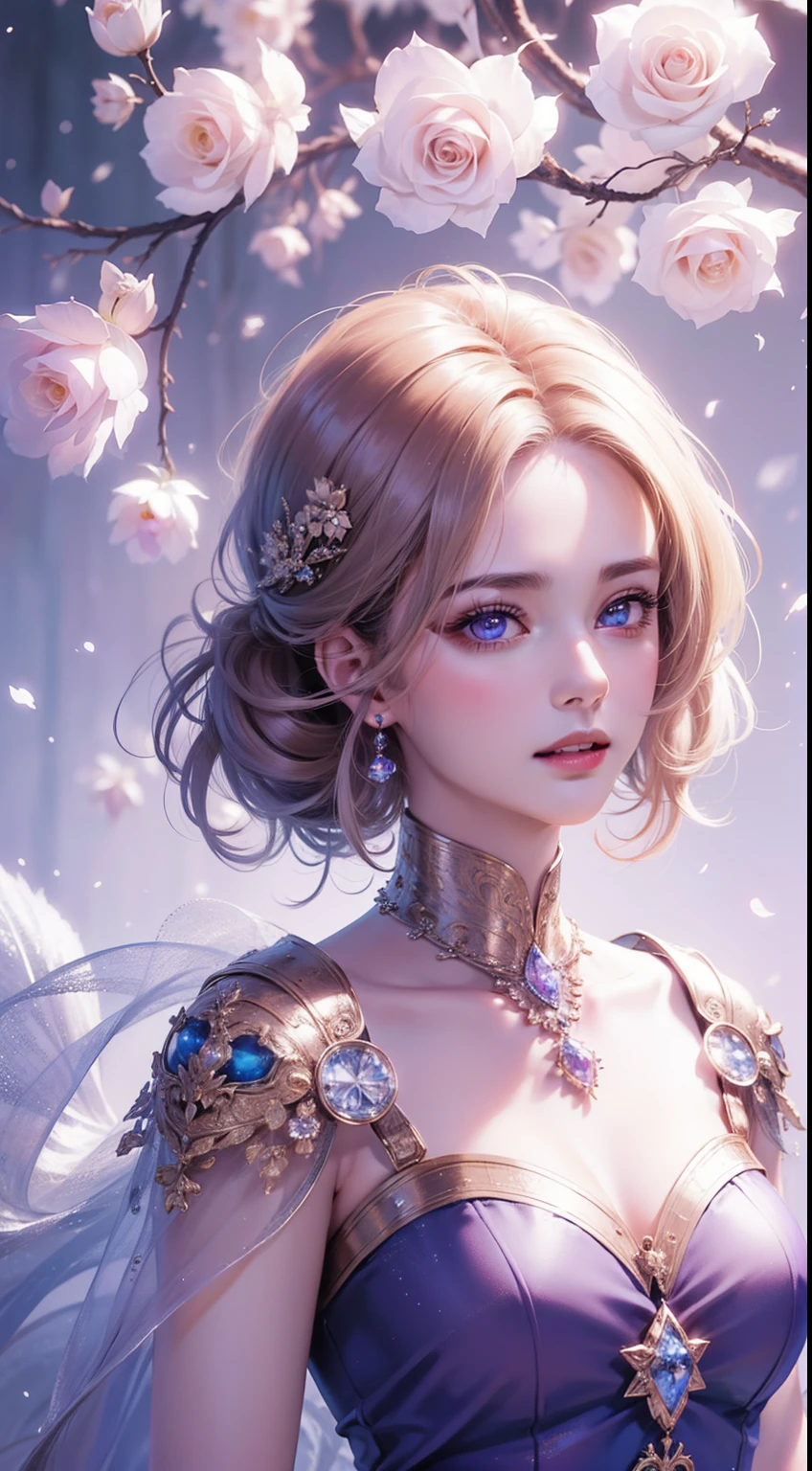 tmasterpiece,Highest high resolution,((themoon)),Dynamic bust of a beautiful aristocratic maiden,elegantly coiled brown chestnut hair,Purple clear eyes,Hair is covered with beautiful and delicate floral craftsmanship, Crystal Jewelry Filigree,Ultra-detailed details,upscaled,The Earth Rises。