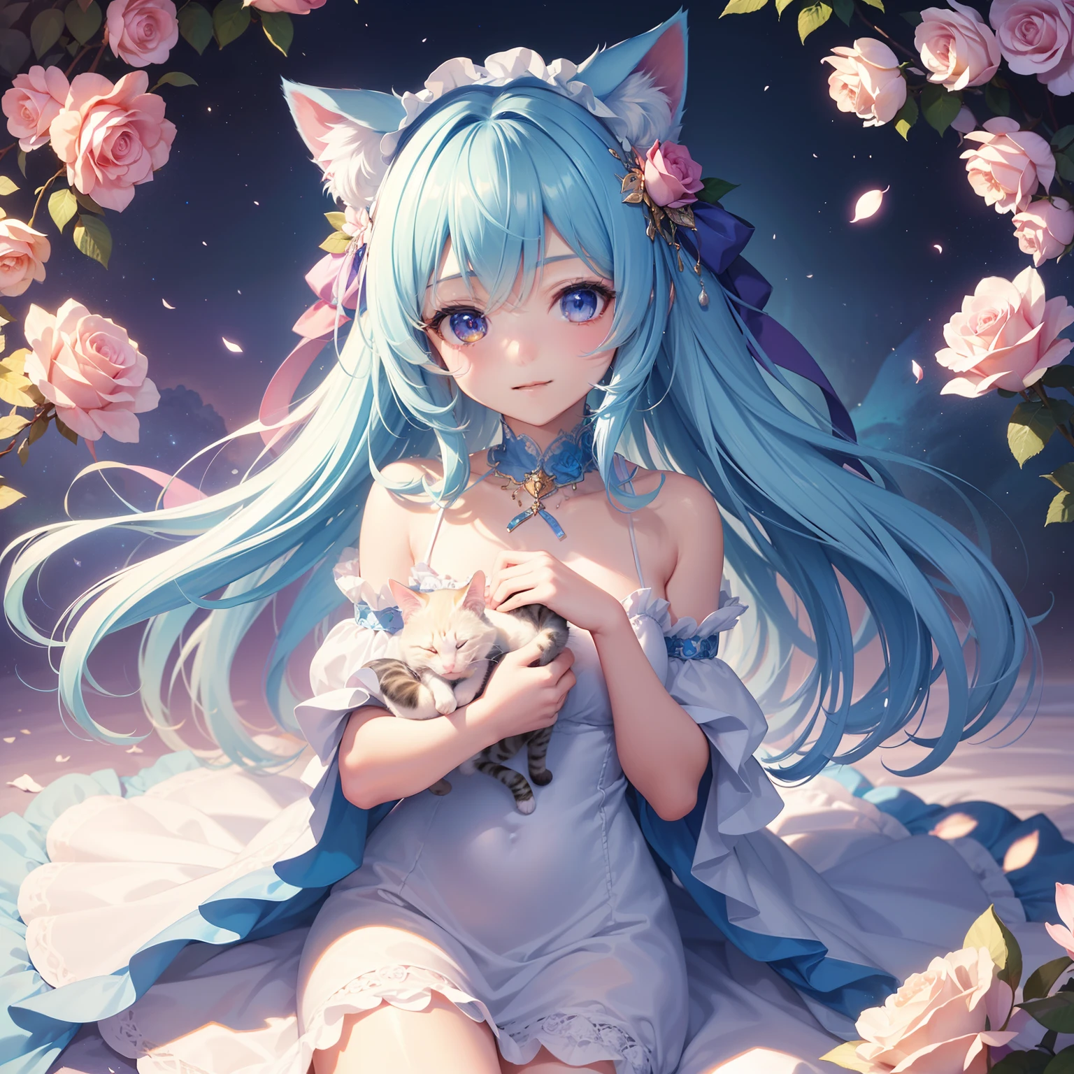 In this ultra-detailed CG art、Adorable kitten surrounded by ethereal roses、top-quality、hight resolution、intricate detailes、Fantasia、cute animal、There is also a chibi character with long blue hair。Cute white and blue costume。