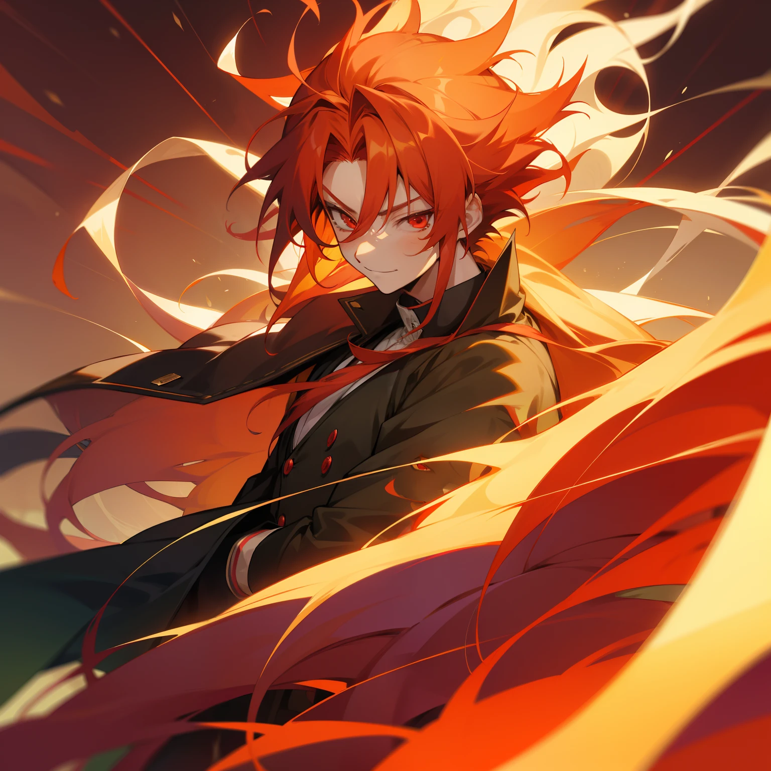 anime boy, black coat, golden eyes, red hair --auto