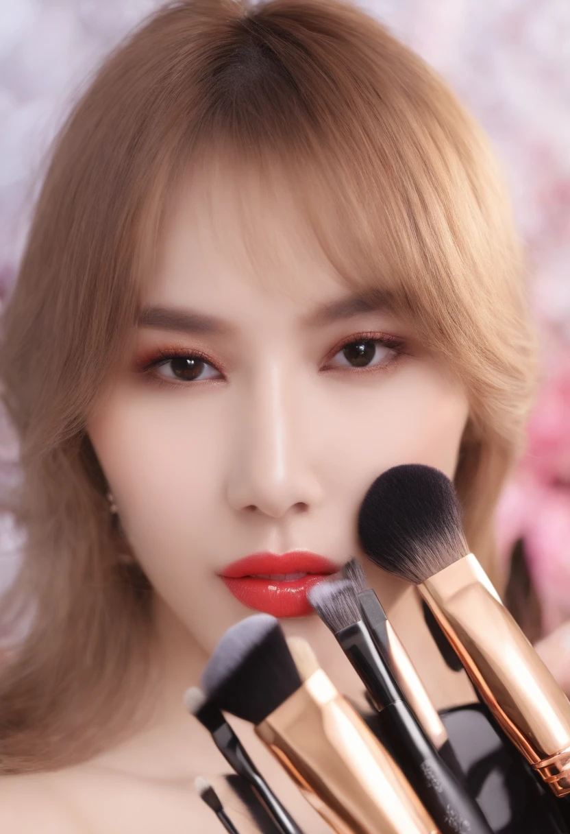femele、Makeup brushes、stroking the face