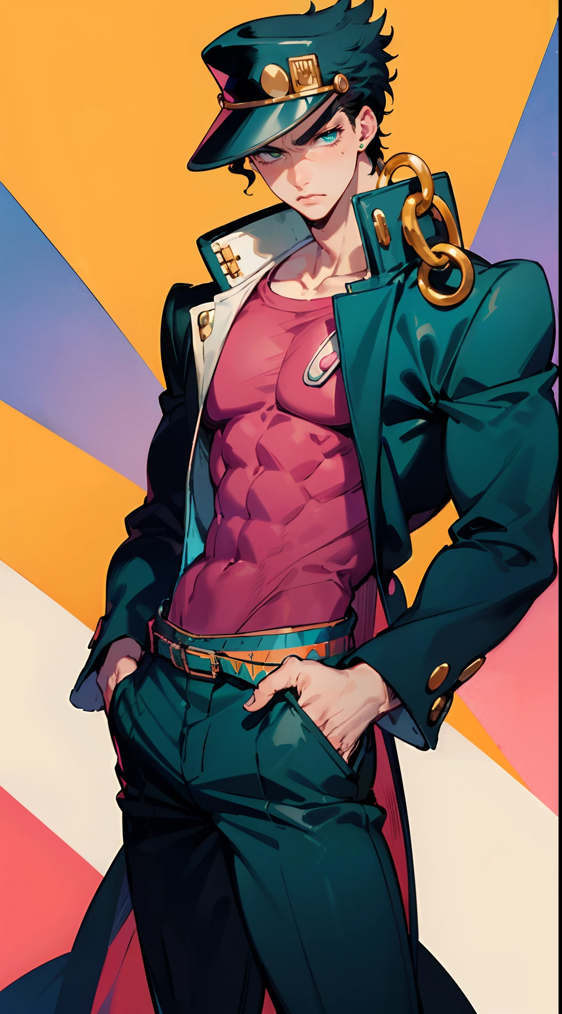 (masterpiece, best quality:1.2), cowboy shot, solo, male focus, 1boy, kujo jotaro, muscular male, serious, closed mouth, looking at viewer, hands in pockets, hat, green eyes, school uniform, gakuran, long coat, jewelry, earrings, chain