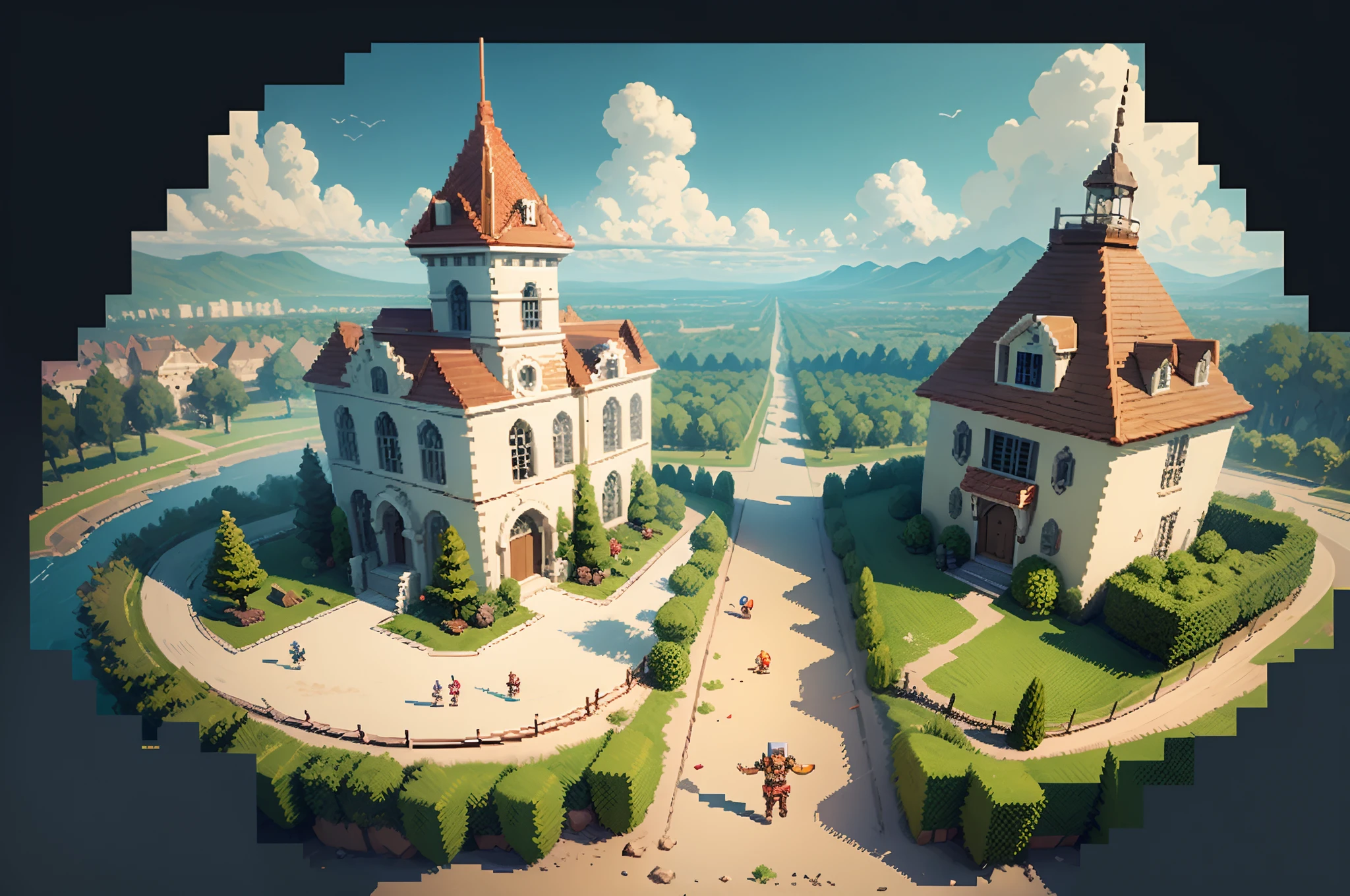 Masterpiece pixel art, best quality an RPG battle field game, 8 bit, aerial view,