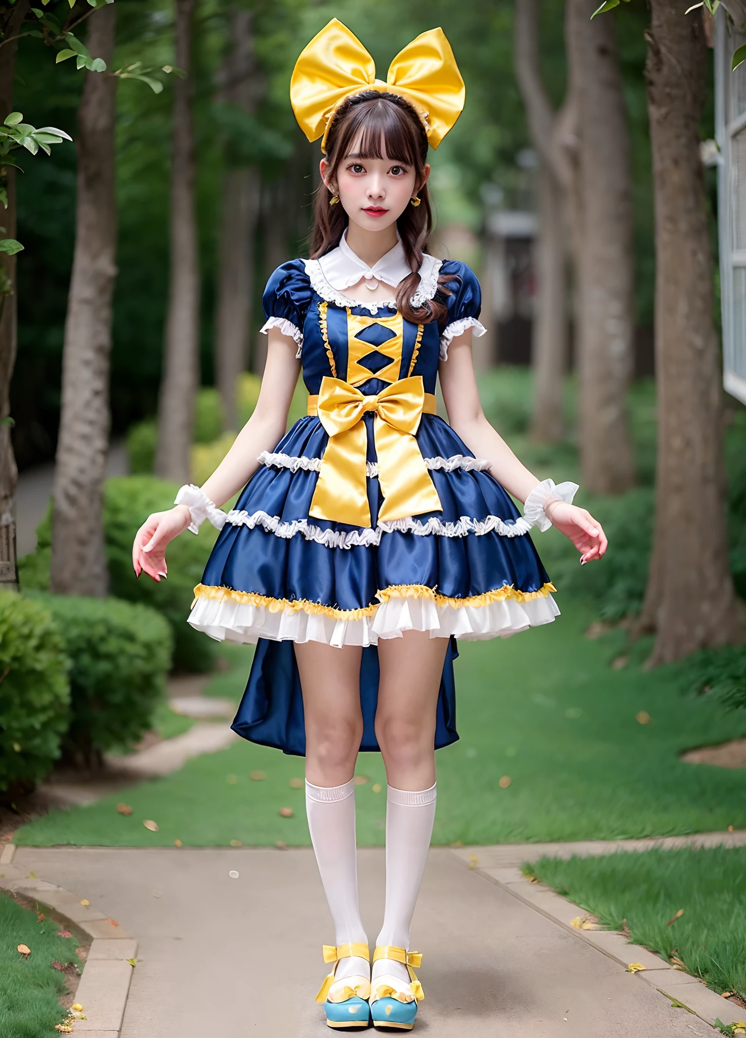 Alafe girl in yellow satin dress and bow tie, rococo ruffles dress, angelic pretty, frilly outfit, rococo dress, high quality costume, Lolita style, style of magical girl, Lolita Fashion, fantasy outfit, Belle Delphine, fantasy dress, costume with blue accents, Pale yellow, Icy yellow dress, maid dress, loli in dress