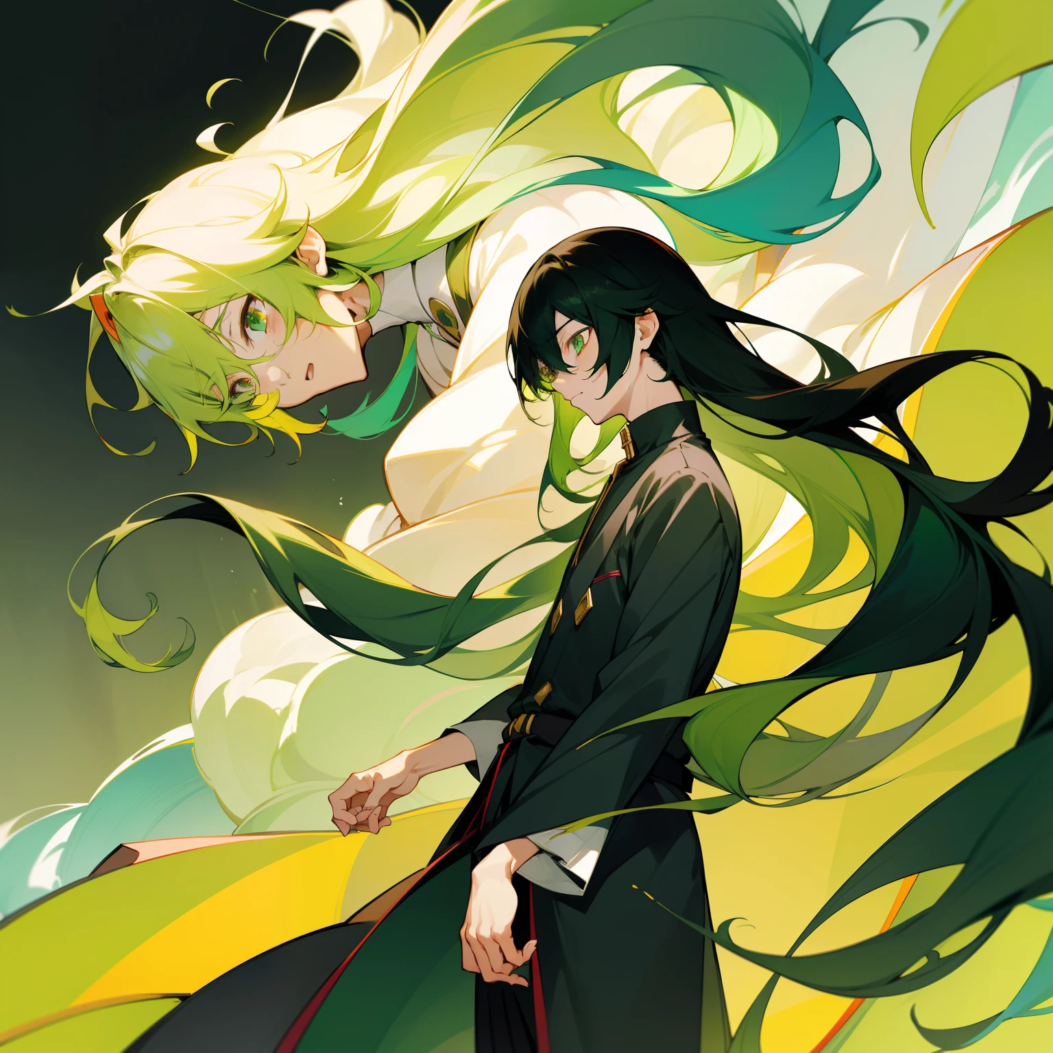 Kamitsu no Yiba drawing style, Yuichiro Tokito, one boy, very long hair, smooth flowing hair, black hair, multi-colored hair, two-colored hair, green hair, solo, one boy, male focus, calm face, calm temperament, outfit Madrasi, multicolored eyes, Kaguran, green eyes