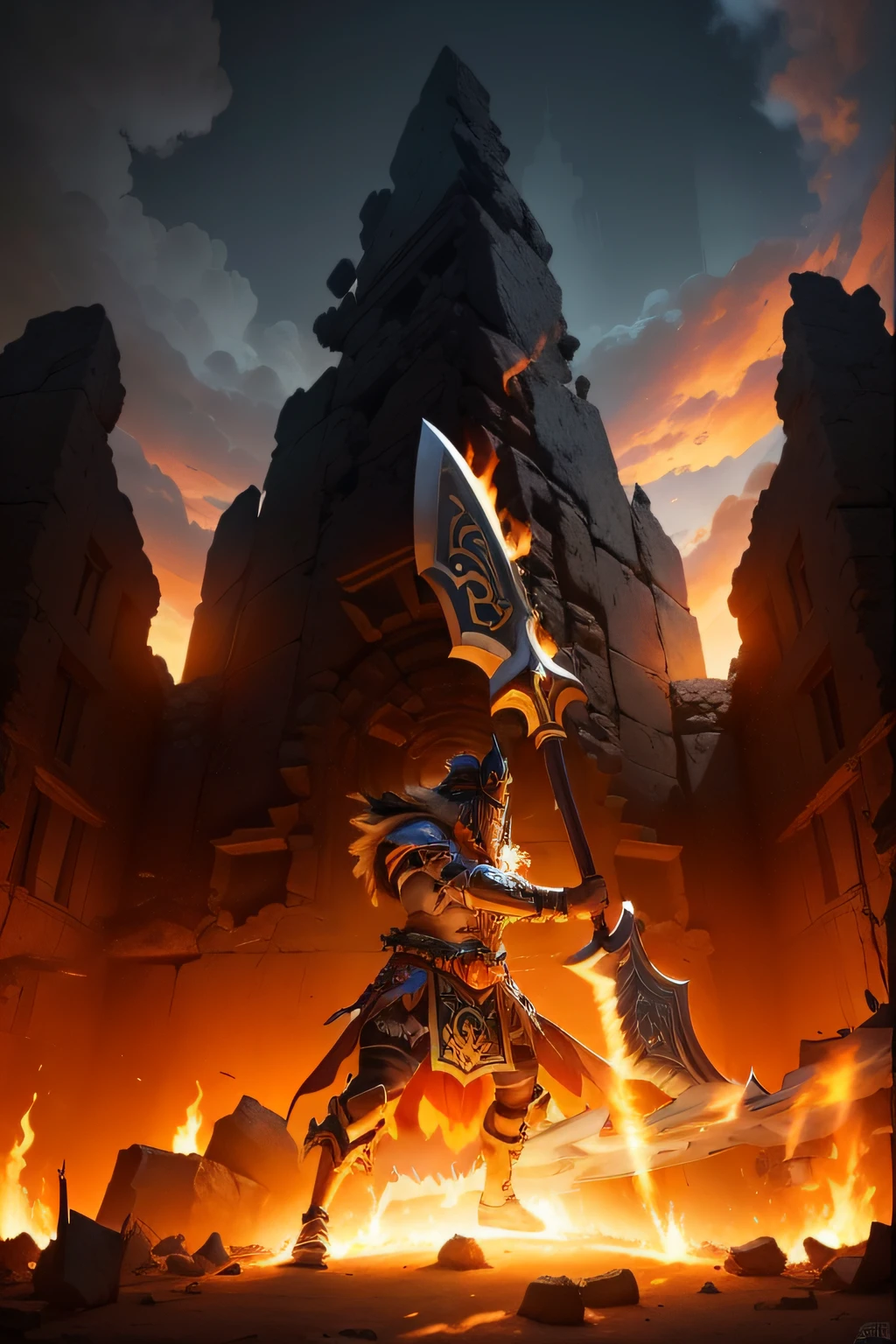 massive ancient Inca+ warrior, ultra strong holding a massive Legendary golden ultrashield encasing an imponente royal INKA SUN+ symbol in the middle, Legendary Golden Godlike INKA armour with Demigod like shoulder pads resembling INKA suns, Massive golden plate with a sun in the centre protecting his chest, (((grabbing a giant epic Massive giant burning axe as main weapon))), (((Full body shot))), ((Realistic Burning ruins in the background)), ((ultra realistic)), dramatic lighting, detailed faces, ultra resolution, 8K cinematic resolution,