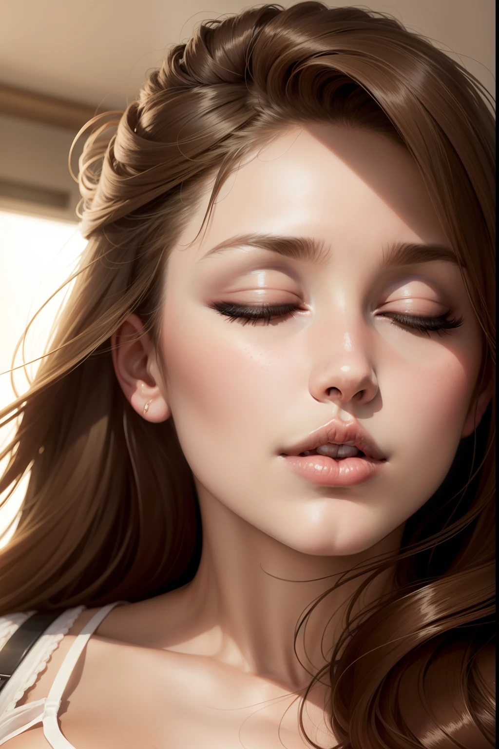 lucy pinder, portrait, beautiful lips, sideways, looking up, eyes closed, mouth open